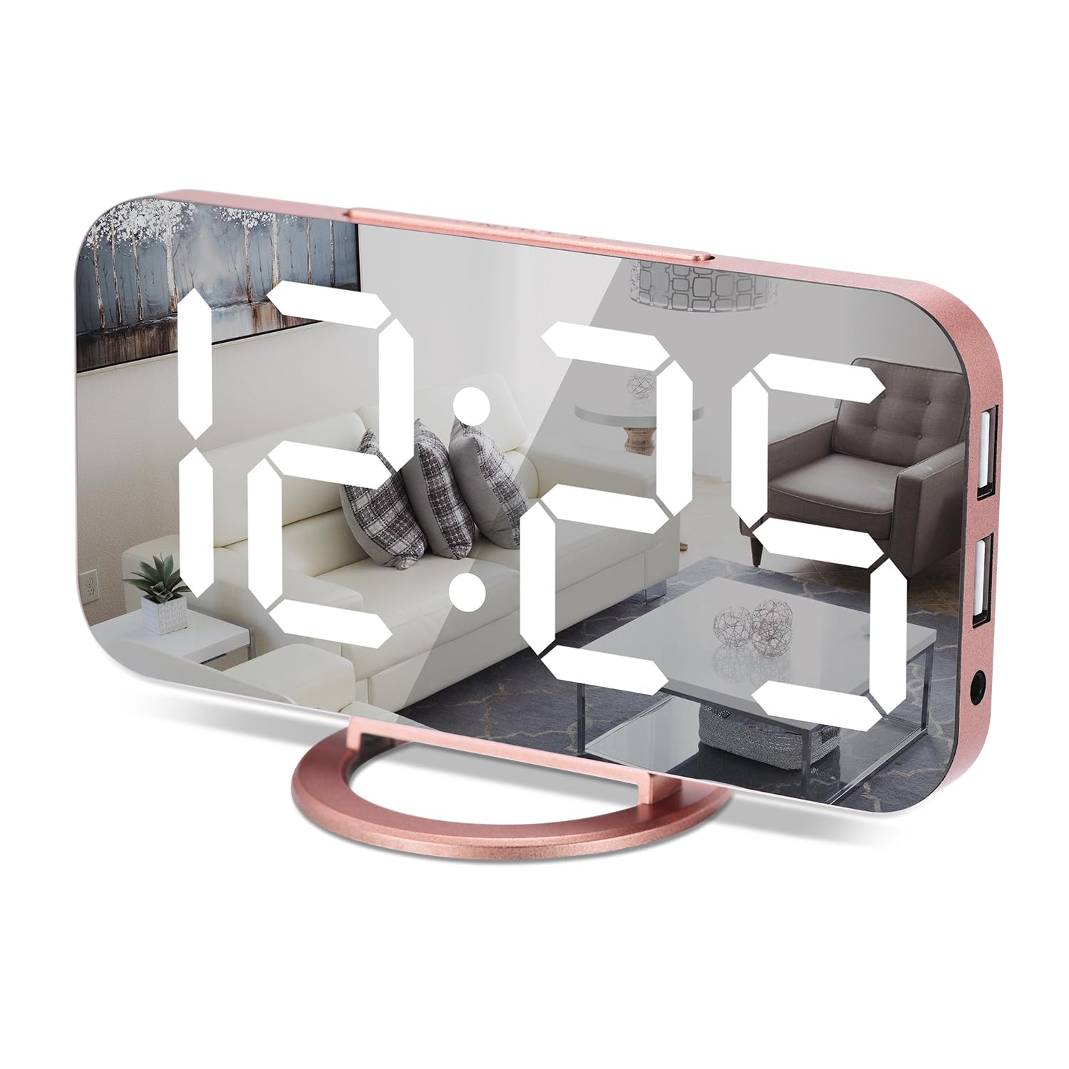 7 Inch LED Digital Alarm Clock with Large Mirrored Display, Dual USB Charger Ports, Auto Dim & Snooze - Modern Rose Gold Desk/Wall Clock for Bedroom, Living Room & Office | Perfect for Nightstands, Home Decor & Gift Giving