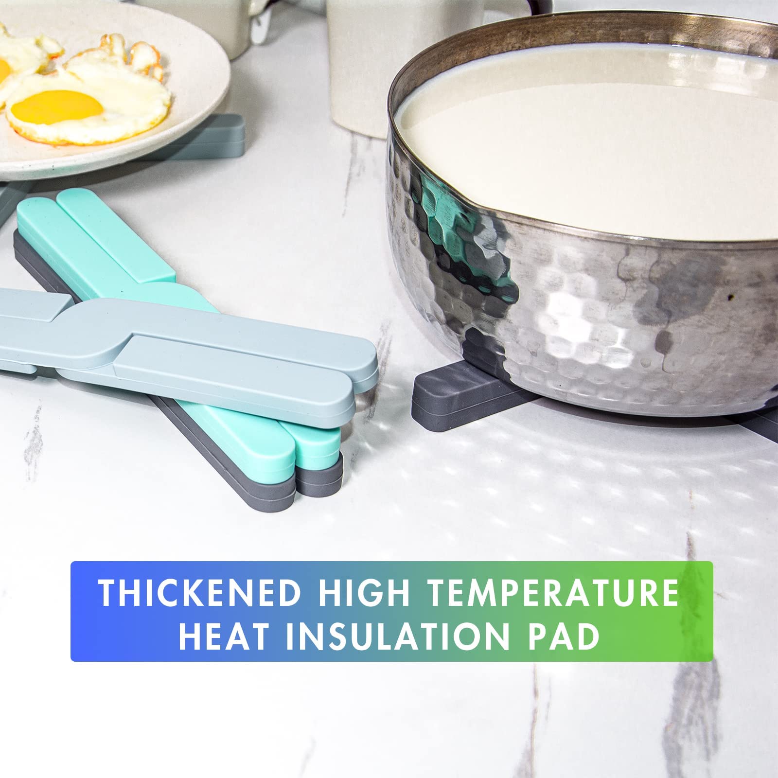 Foldable Silicone Trivets Set of 4 - Expandable Heat Resistant Hot Pads for Pots, Pans & Dishes - Non-Slip Waterproof Kitchen Trivet Mats for Dining, Cooking & Serving - Perfect for Hot Pots, Baking & Table Setting