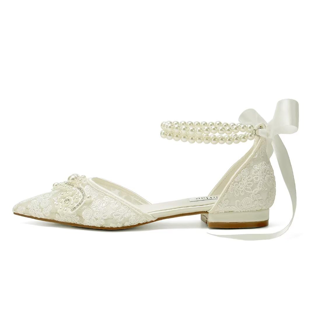 Pearl Wedding Shoes for Bride - Elegant Lace Bridal Flats with Pointed Toe | Perfect for Wedding Ceremony, Reception & Photoshoot