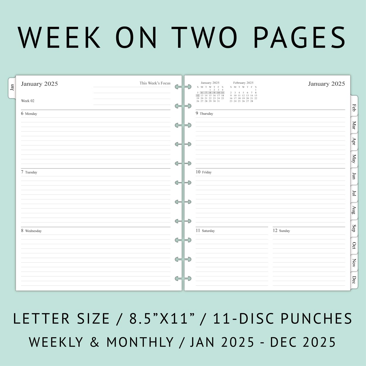 2025 Weekly Planner Refills for 11-Discbound Notebooks - Monthly Tabs, Letter Size 8.5