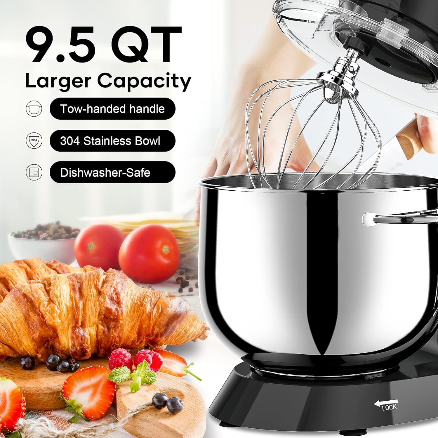 Vezzio 660W 10-Speed Tilt-Head Stand Mixer with 9.5 Qt Stainless Steel Bowl - Dishwasher Safe Attachments for Baking, Whipping, Kneading Dough - Perfect for Cakes, Cookies, Bread Making in Home Kitchens (Black)