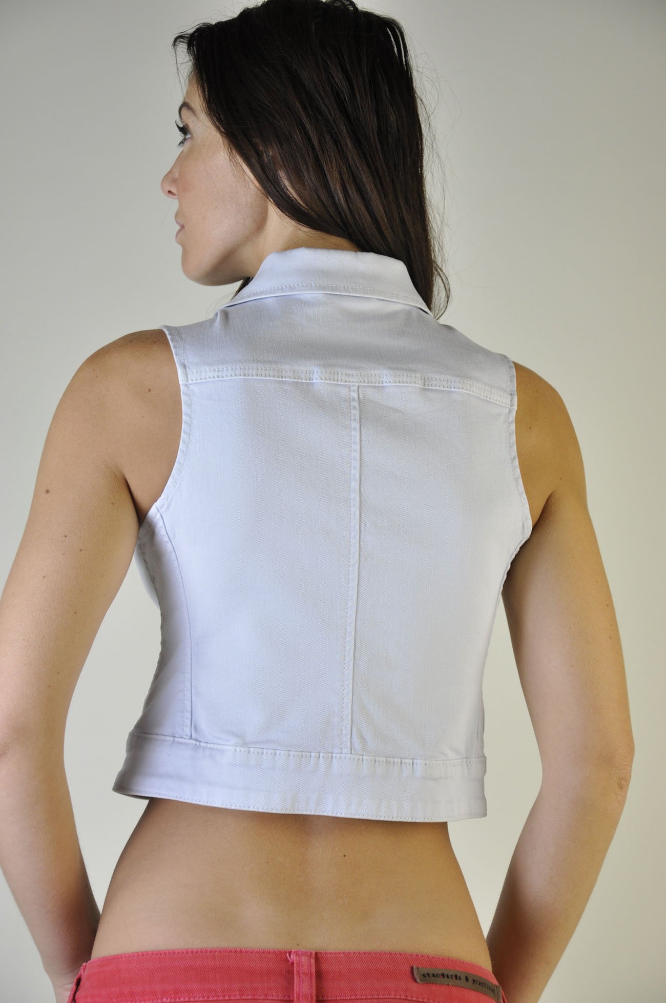 Modern Women's White Coated Cropped Stretch Twill Jean Vest - Fashionable Denim Jacket for Casual Outfits & Spring Layering