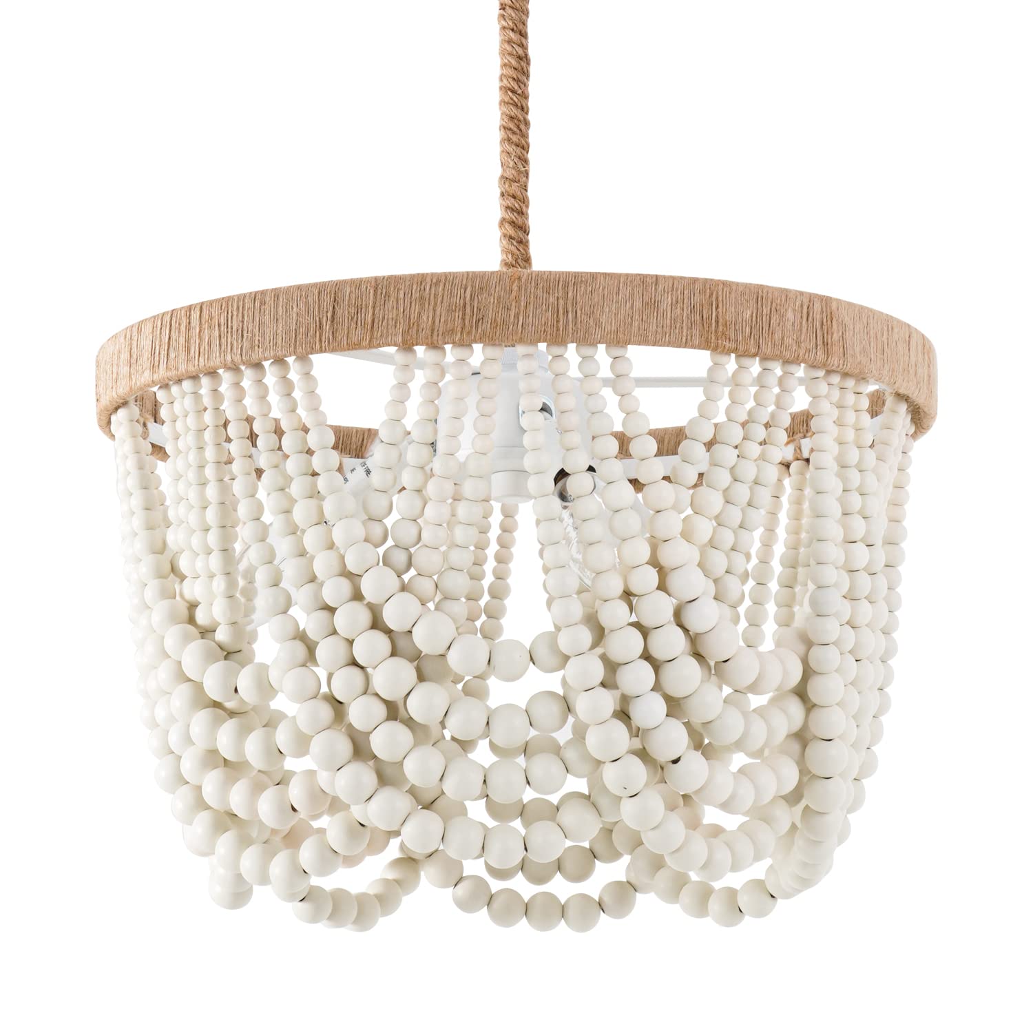 Bohemian Wood Beaded Pendant Light Fixture - Antique Rustic Mini Chandelier with White Finish | Perfect for Bedroom, Nursery, Dining Room, Hallway & Entryway Decor | 3-Light Hanging Ceiling Lamp for Boho Home & Farmhouse Style