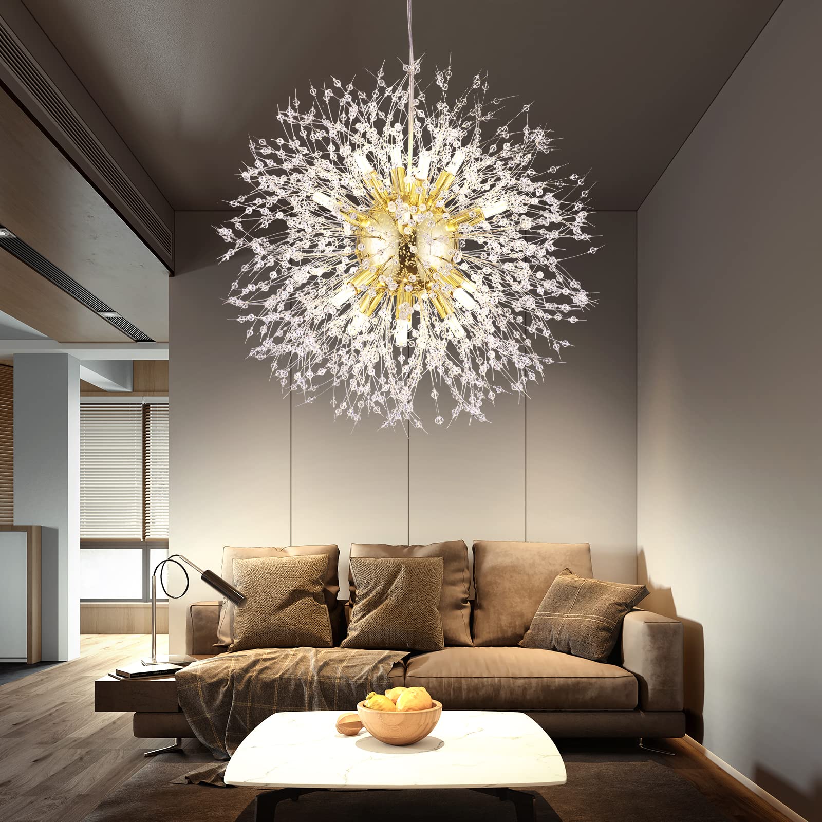 16-Light Modern Gold Crystal Chandelier - Dandelion Firework Pendant Lighting Fixture for Dining Room, Bedroom, Living Room & Kitchen Island - Elegant Ceiling Light for Home Decor, Wedding & Luxury Interior Design