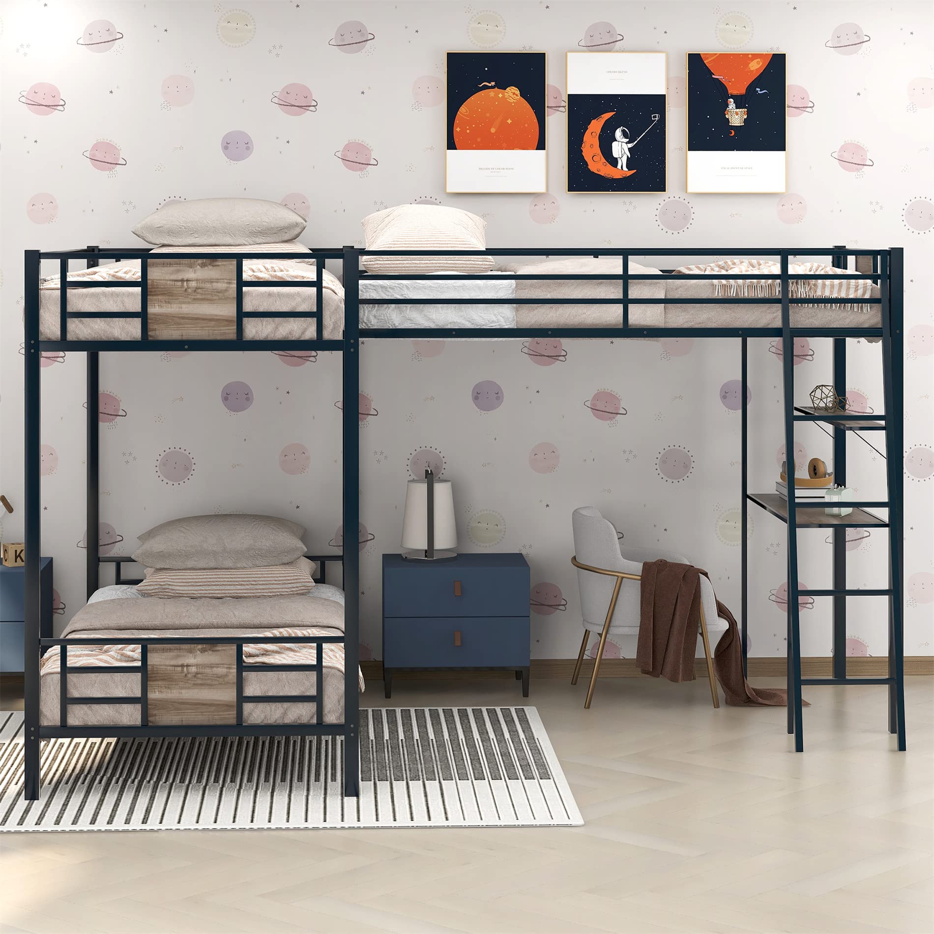 Harper & Bright Designs Metal Triple Bunk Bed with Desk - L-Shaped Twin Bunk Bed & High Loft Bed with Storage Shelves | Space-Saving 3-in-1 Bunk Bed for Kids & Teens (Boys & Girls) in Brown | Perfect for Small Bedrooms, Shared Kids Rooms & Vacation Homes