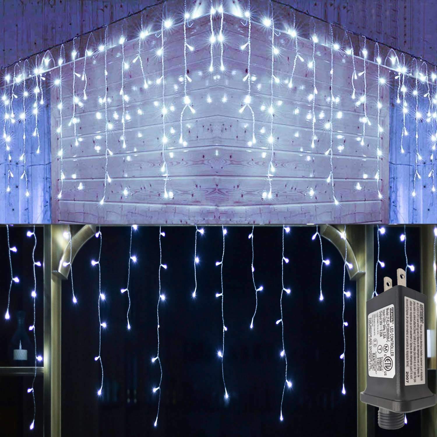 YASENN 300 LED Icicle String Lights - 29.5ft Connectable Christmas Lights with 8 Lighting Modes & Timer Plug - Cool White Outdoor Decor for Christmas, Garden, Patio, Roof, Wall, and Eave