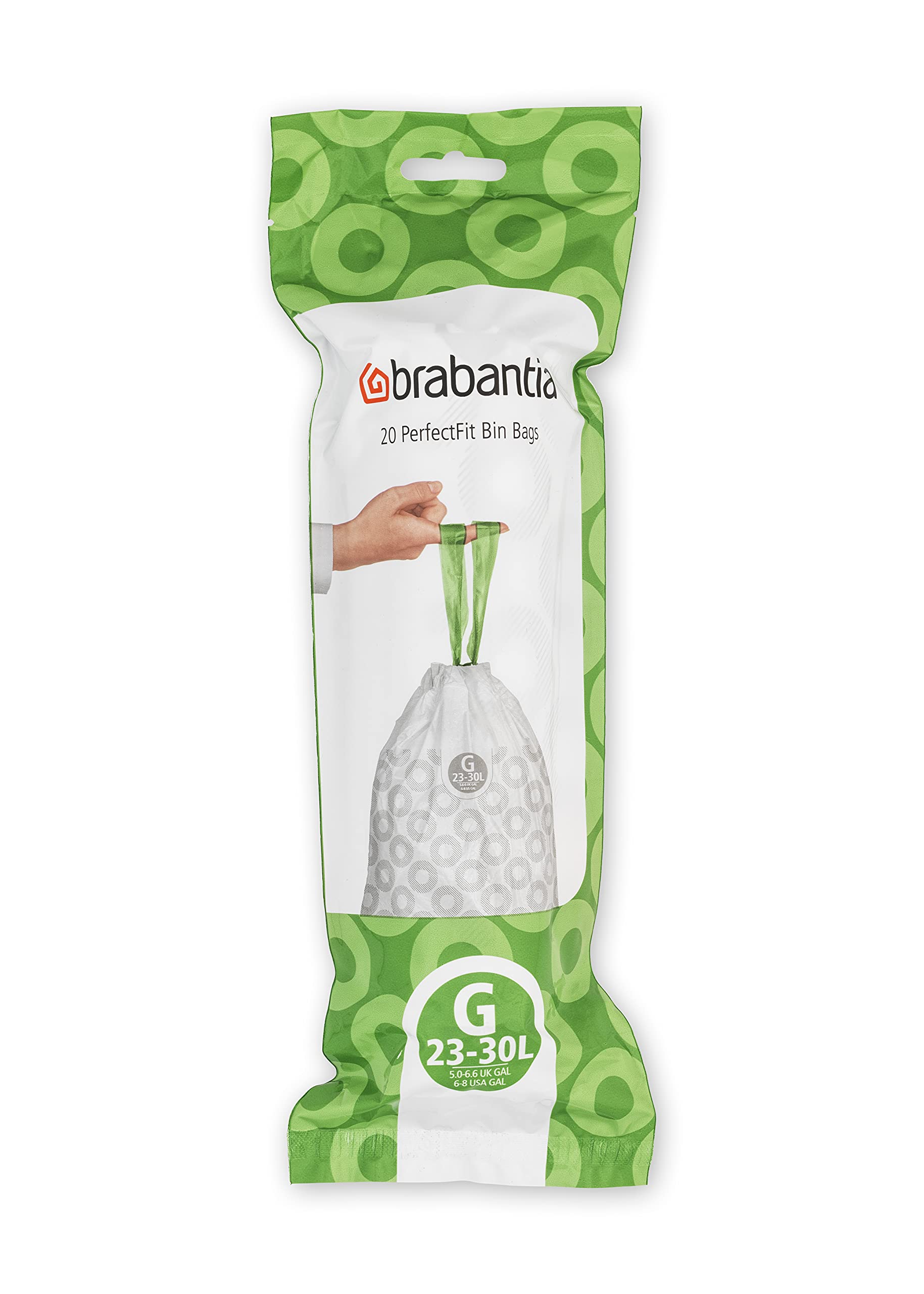 Brabantia PerfectFit 6-8 Gallon Trash Bags - Thick Plastic Drawstring Trash Can Liners (120 Count) for Kitchen, Bathroom & Office Waste Disposal