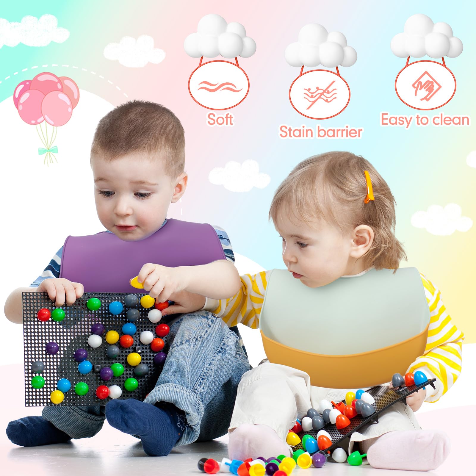 Mepase 12 Pack Waterproof Silicone Baby Bibs - Soft, Adjustable & Unisex Feeding Bib for Infants & Toddlers - Perfect for Mealtime, Snacks & Messy Play