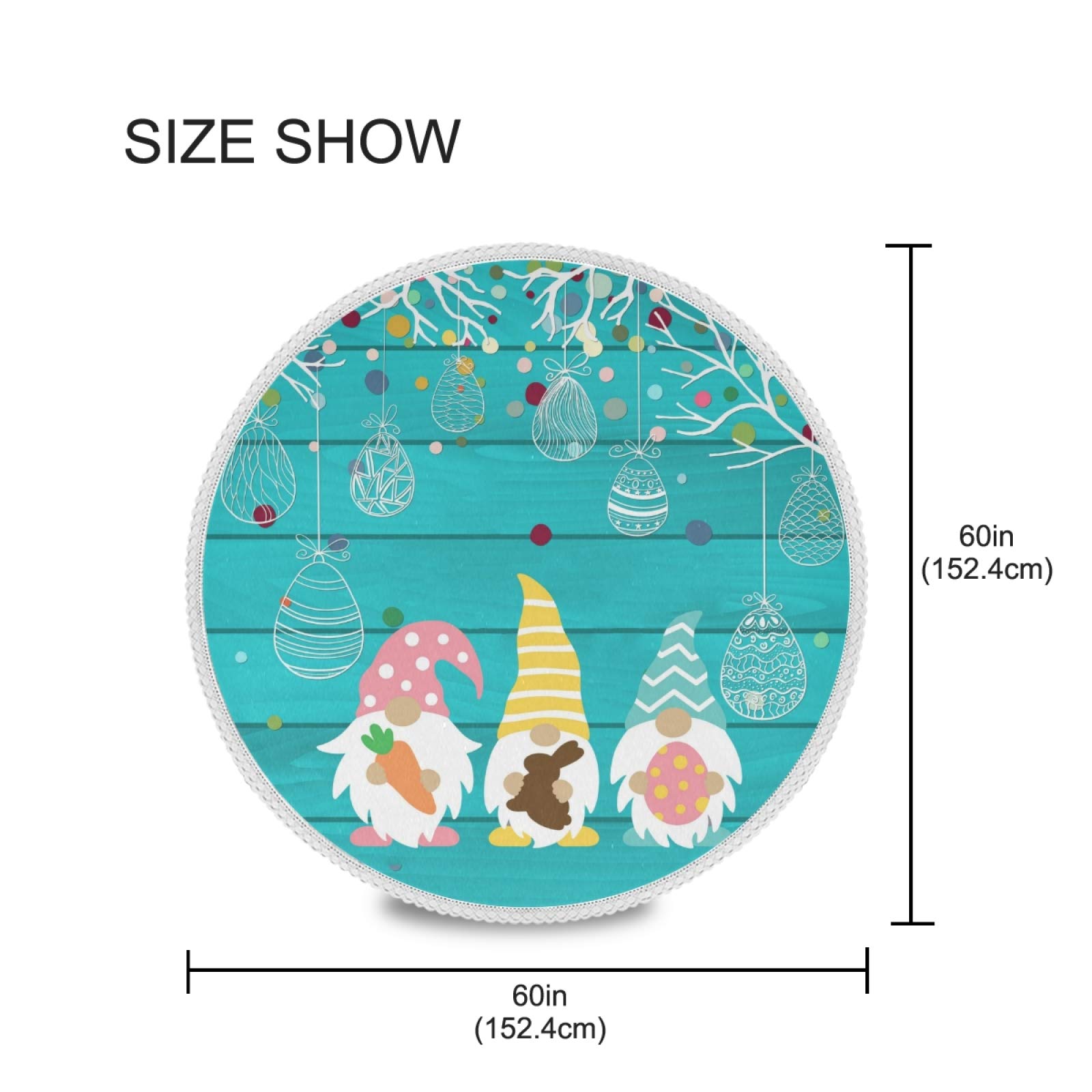 Easter Gnomes Eggs Round Tablecloth - 60 Inch Washable Polyester Spring Table Cover with Floral Design for Kitchen, Party, Picnic, Dining Decor - Perfect for Easter Celebrations and Seasonal Home Decoration