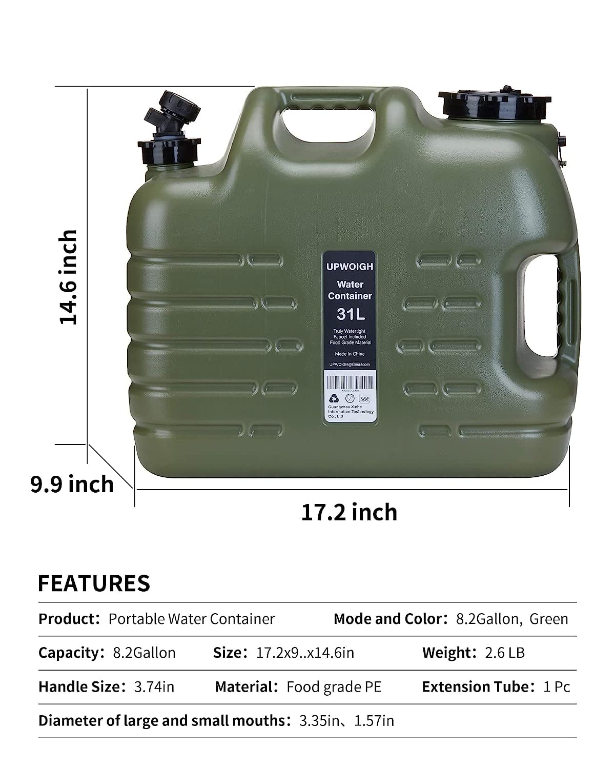 UPWOIGH 8.2 Gallon (31L) Portable Water Container - BPA Free, Leak-Proof Camping Water Jug for Outdoor Adventures, Emergency Water Storage | Perfect for Camping, Hiking, RV Trips & Disaster Preparedness