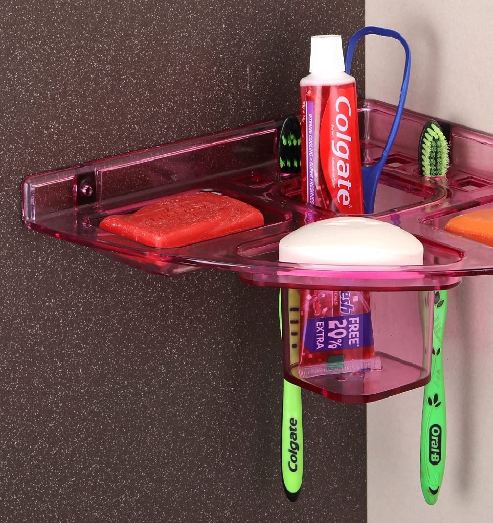 Pink Acrylic 5-in-1 Corner Soap Holder - 10x10 Inch Unbreakable Plastic Bathroom Organizer, Wall Mounted Shelf for Shampoo, Lotion & Beauty Products - Perfect for Bathroom, Kitchen & Shower Storage (1 Shelf, Pink)