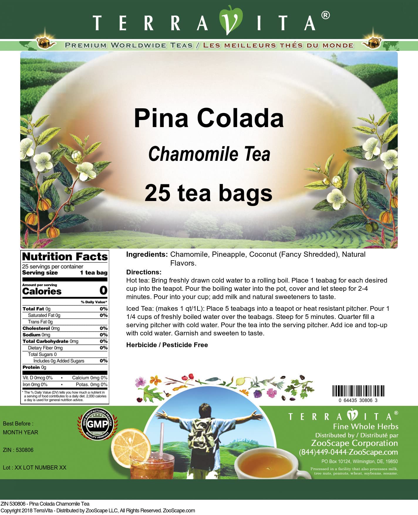 Premium Pina Colada Chamomile Herbal Tea - 25 Tea Bags, Caffeine-Free, Relaxing & Tropical Flavor - Perfect for Stress Relief, Evening Relaxation & Summer Beverages