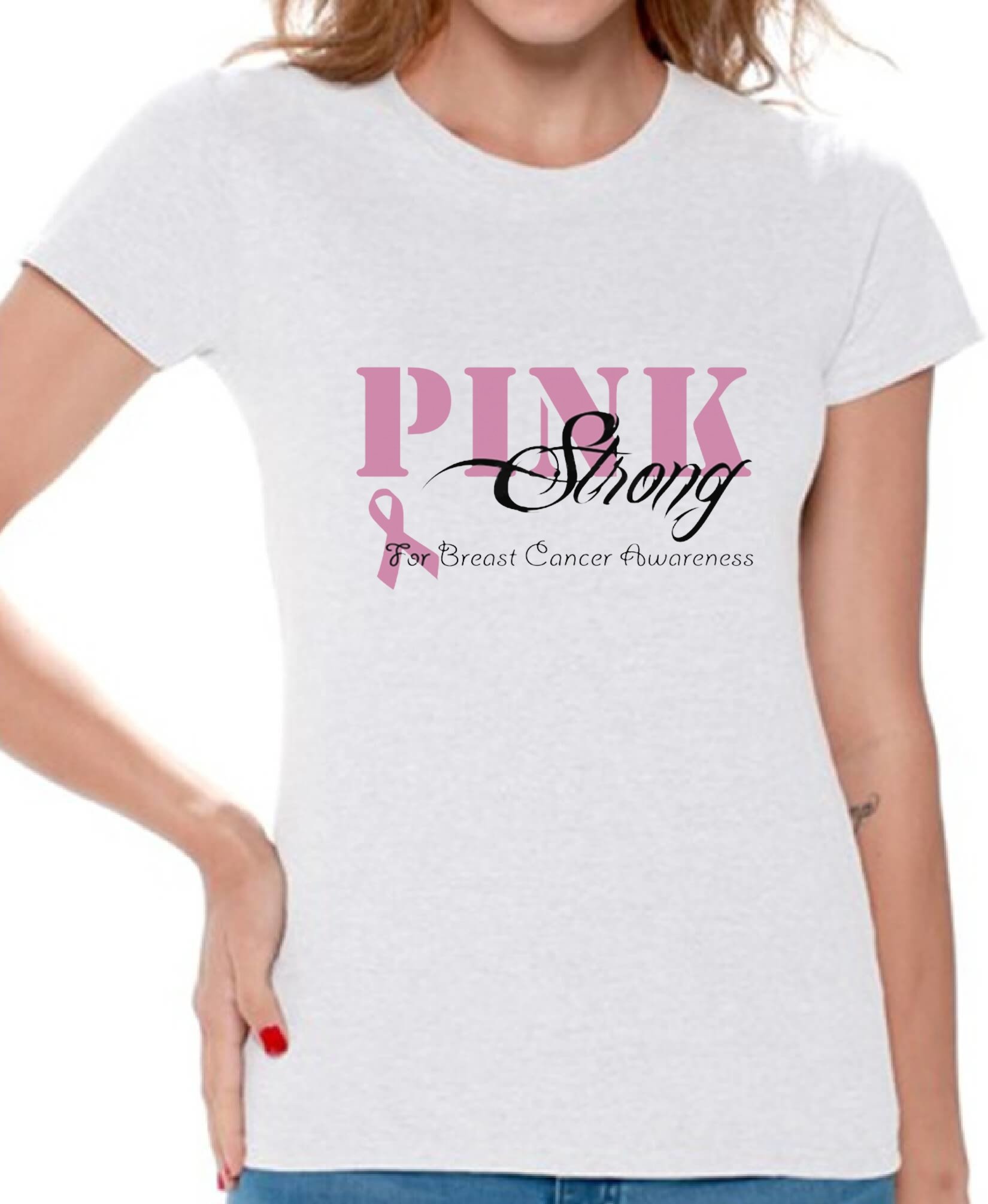 Awkwardstyles Women's Pink Strong Breast Cancer Awareness T-Shirt - Supportive Cotton Tee for Survivors & Supporters | Perfect for Fundraisers, Walks & Awareness Events