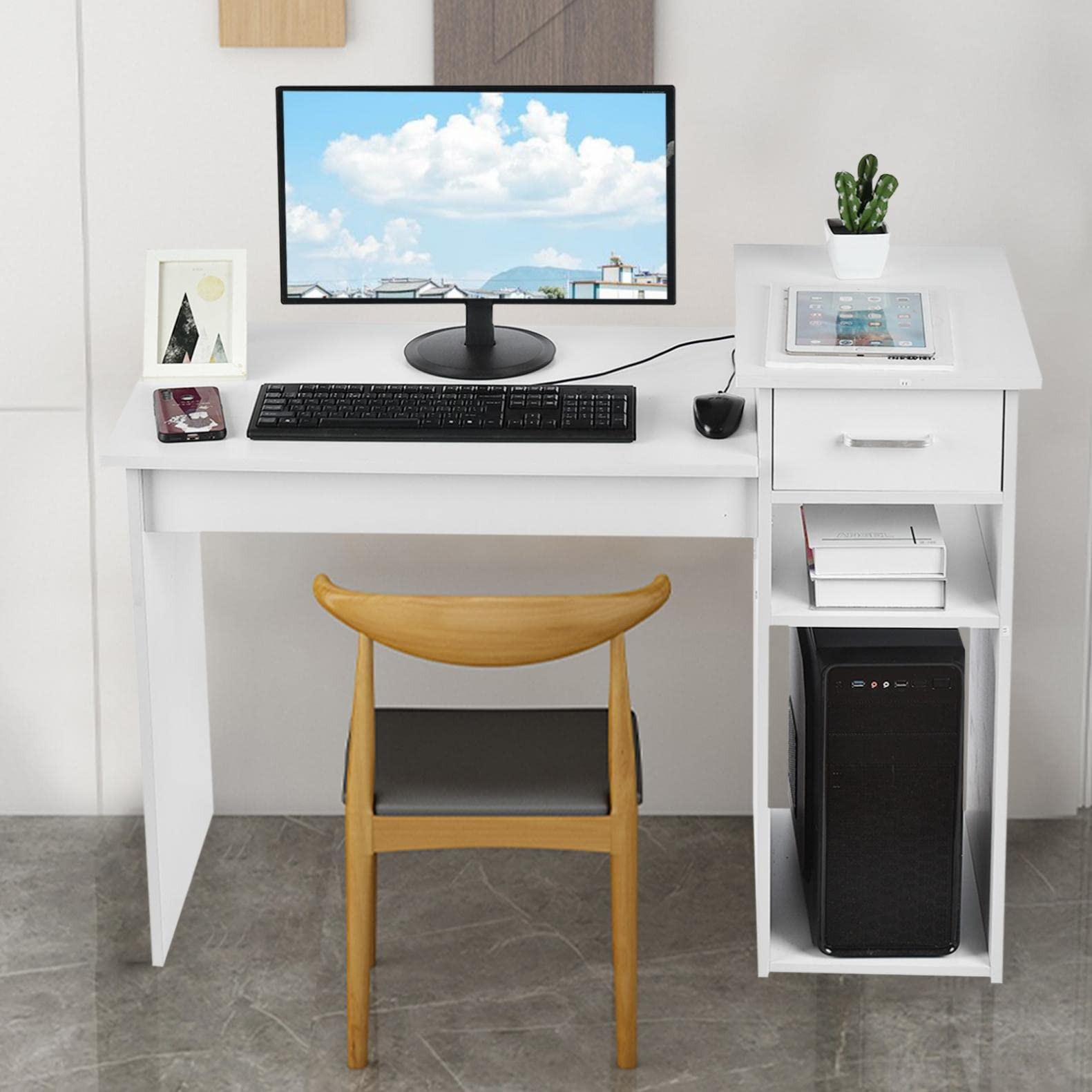 Xiangmihu Small White Wood Computer Desk - Compact Homework & Writing Desk with Hutch for Small Spaces | Perfect for Home Office, Study Room & Dormitory