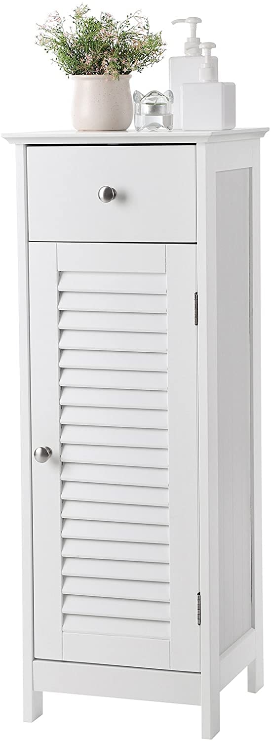 White Wooden Bathroom Floor Cabinet with Drawer & Shutter Door - Storage Organizer Set for Towels, Toiletries & Bath Essentials | Space-Saving Bathroom Furniture for Small Spaces