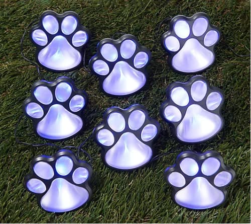 Solar Powered LED Paw Print Lights - Waterproof Outdoor Garden Lights for Dog Memorial, Pathway & Yard Decor - 8ft String with 8 Blue Lights (Perfect for Patio, Walkway & Pet Tribute Displays)