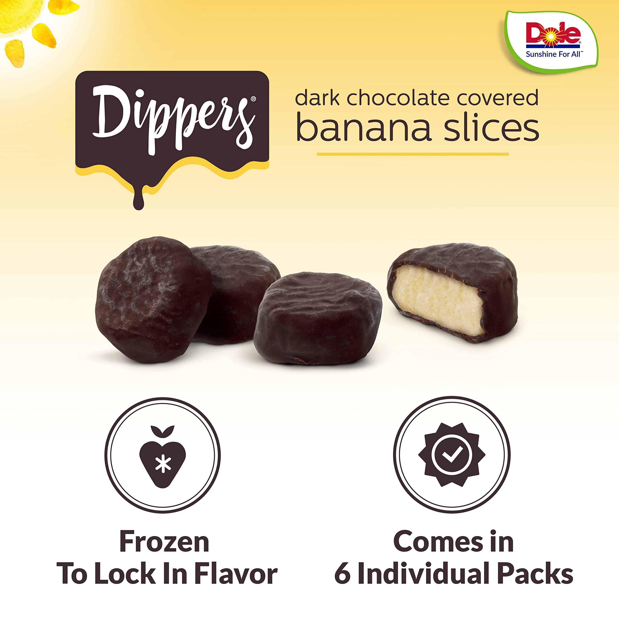 Dole Frozen Dark Chocolate Dippers - Dark Chocolate Covered Banana Slices, 1.55 Oz (6 Pack) | Healthy Frozen Snacks for Kids, Dessert Lovers & Party Treats | Perfect for School Lunches, Movie Nights & After-School Snacks
