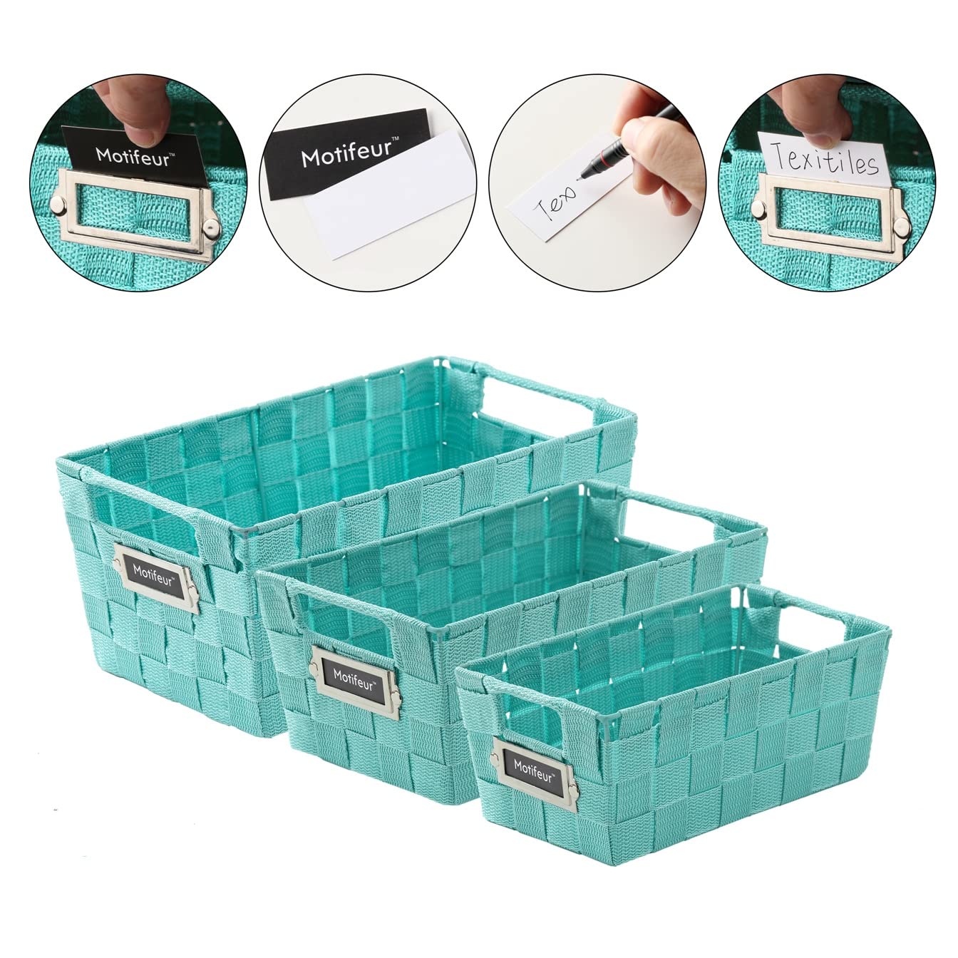 Decorative Woven Storage Baskets Set of 3 - Handmade Nesting Bins with Cutout Handles & Labels for Bathroom Countertop, Shelves, Closet & Pantry Organization | Perfect for Home Decor, Laundry Room & Bedroom Storage (Green)