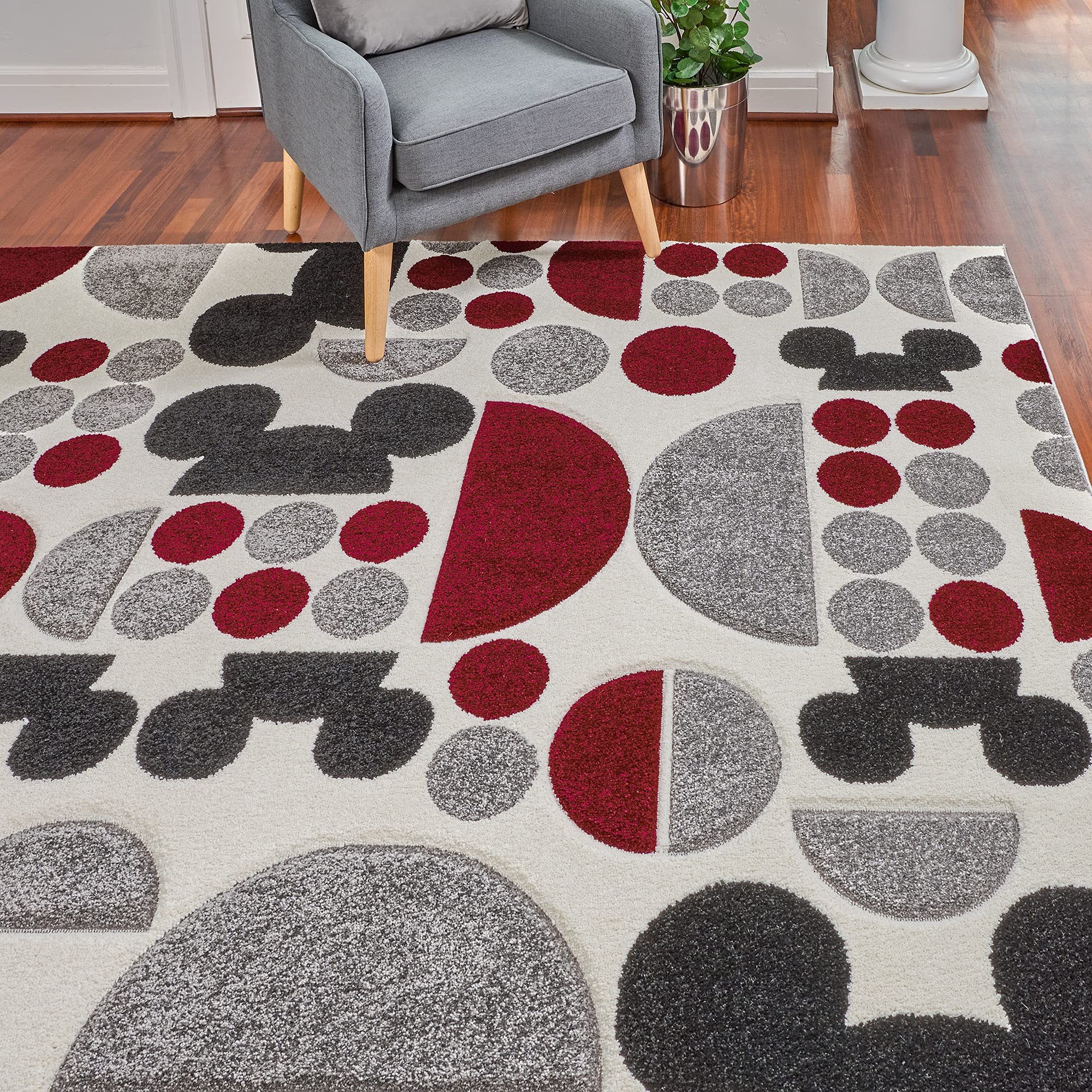 Gertmenian Disney Mickey Mouse Rug - 5x7 Feet Textured Floor Mat for Living Room, Dining Room, Playroom & Study - Abstract Spheres Design in Red, White & Gray | Perfect for Kids' Room Decor, Home Theater & Cozy Reading Nook