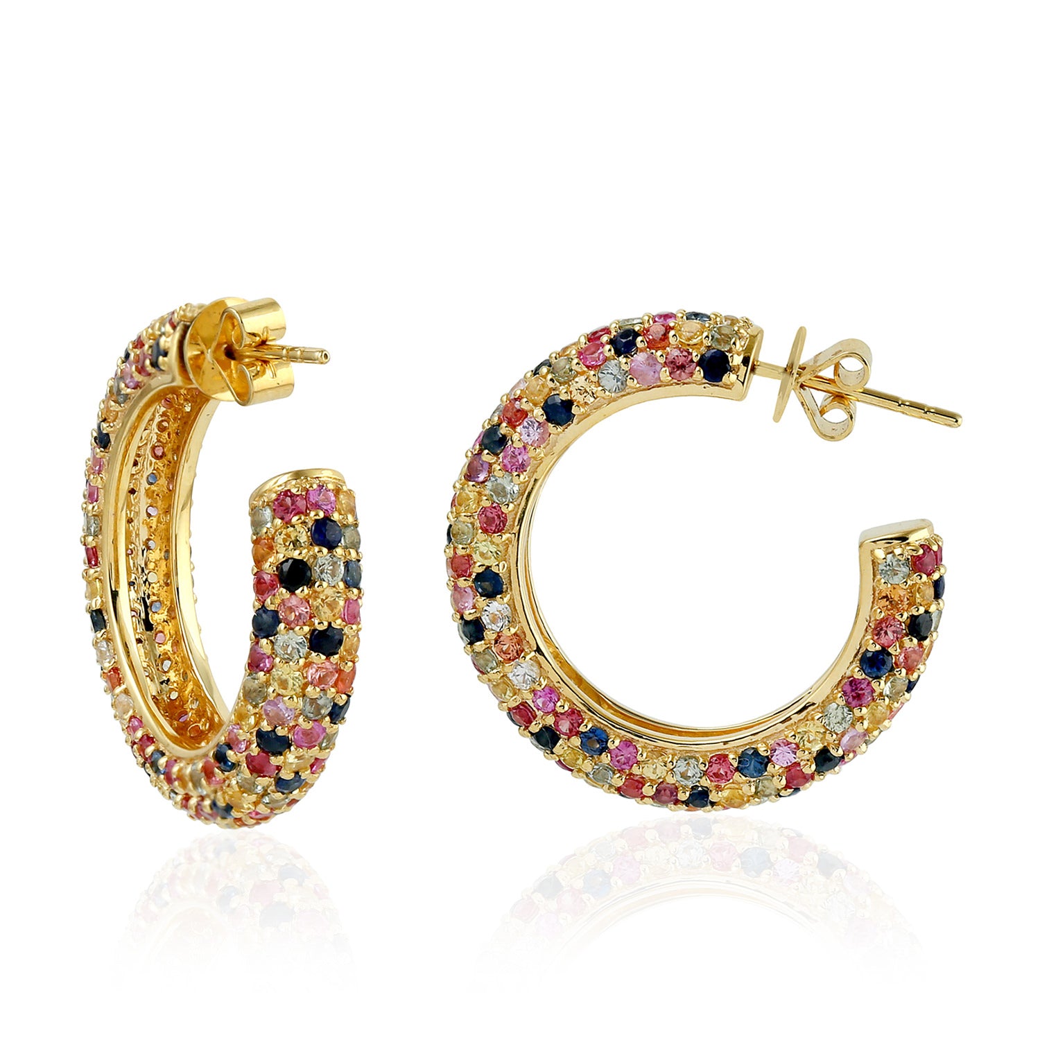 18k Yellow Gold Micro Pave Rainbow Sapphire Hoop Earrings - September Birthstone Jewelry for Women | Perfect Gift for Birthday, Anniversary & Special Occasions