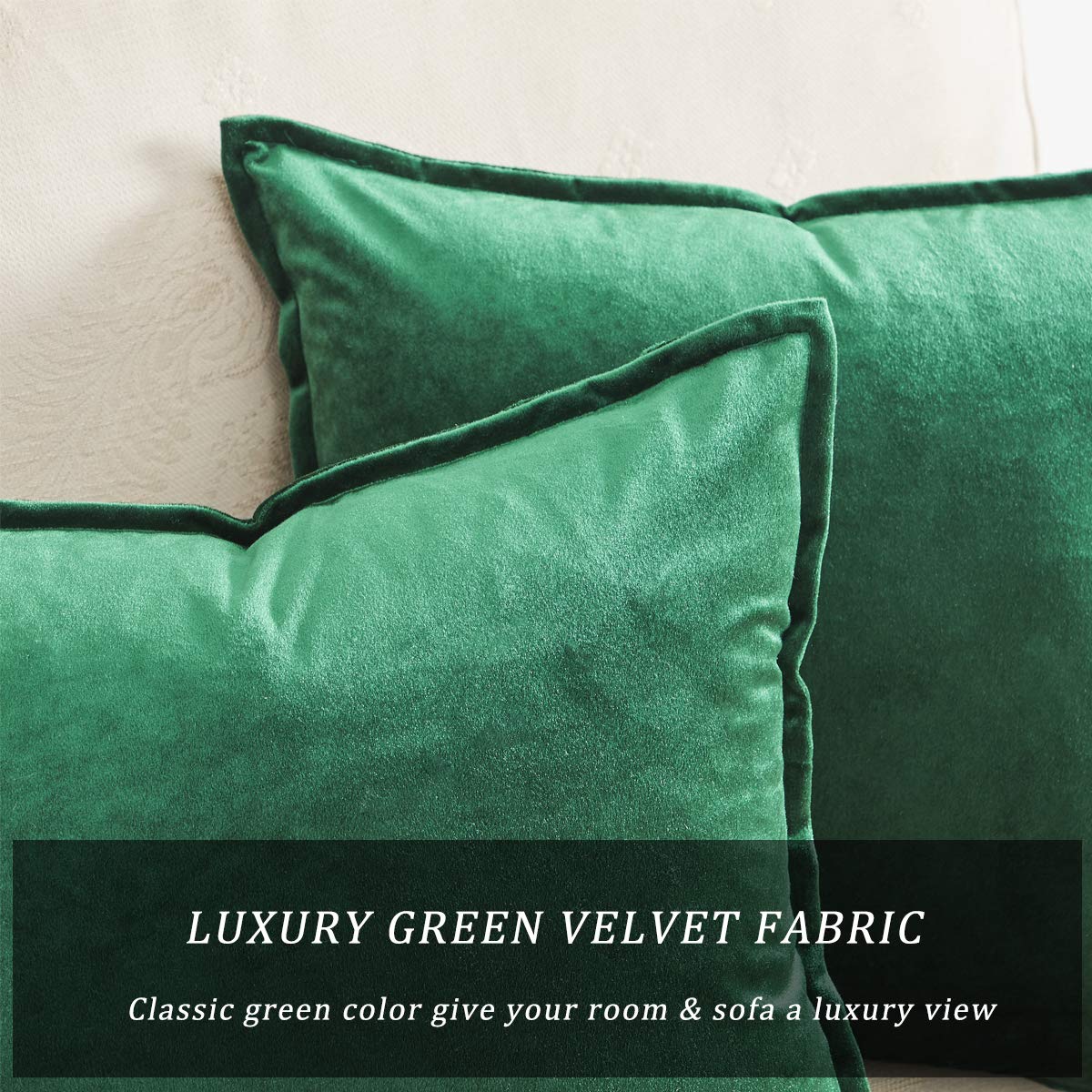 Luxury Green Velvet Decorative Throw Pillow Covers 24x24 Inches - 2 Pack Square Couch Sofa Pillow Cases for Living Room, Bedroom & Home Decor