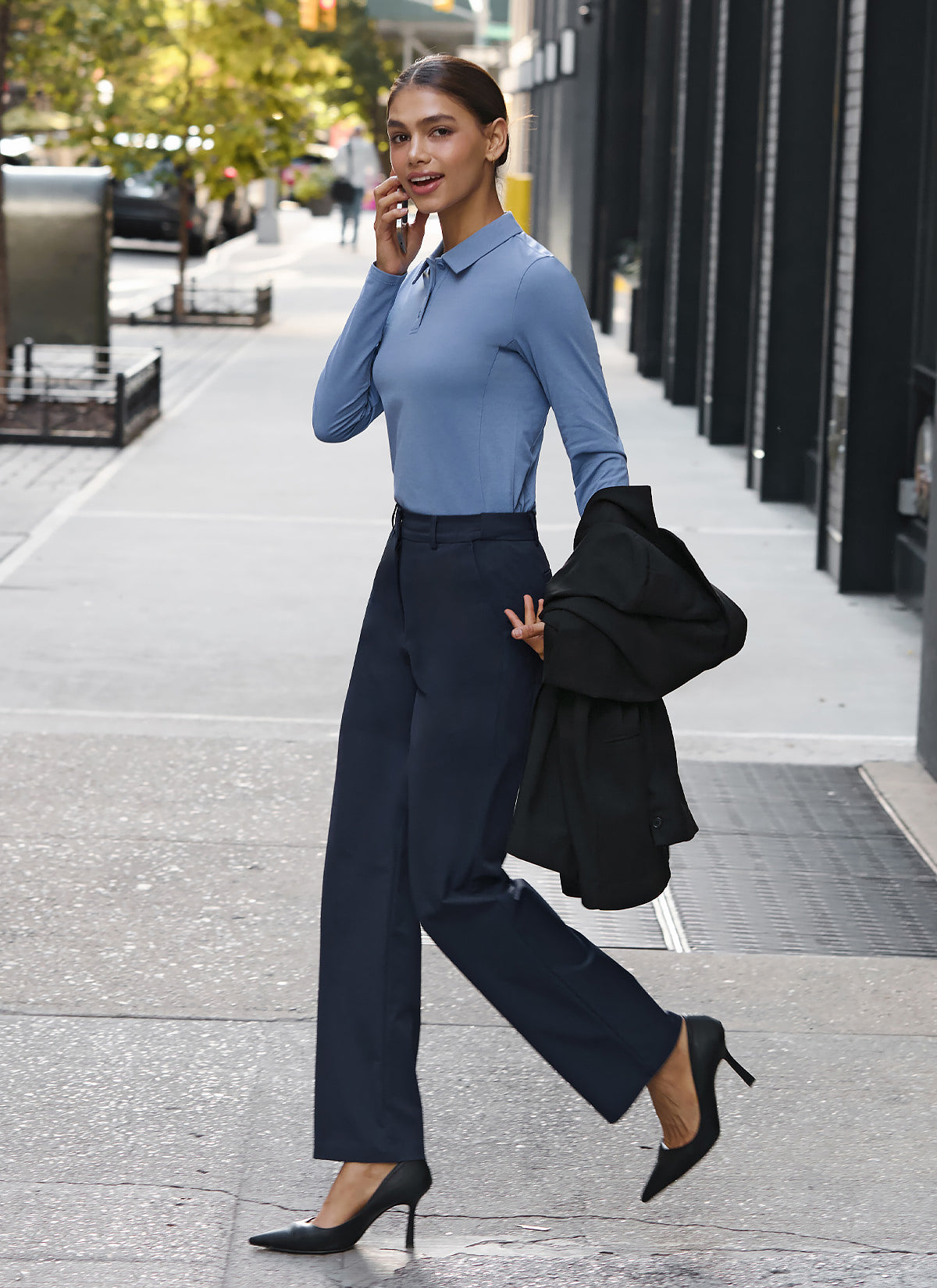 Women's High-Waisted Twill Fluffy Slacks - Soft Stretchy Comfort Pants for Work, Travel & Lounge | Magic Banding Elastic Waist Trousers