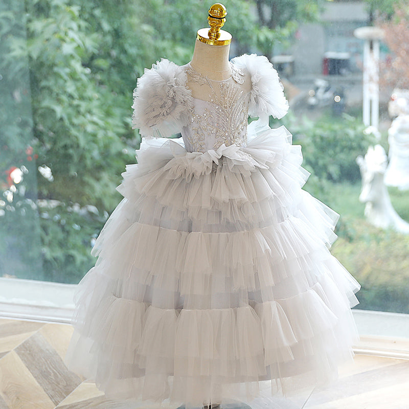 Elegant White Tulle A-Line Flower Girl Dress with Lace and Sequin Details - Puff Sleeve Design for Weddings, Parties & Special Occasions
