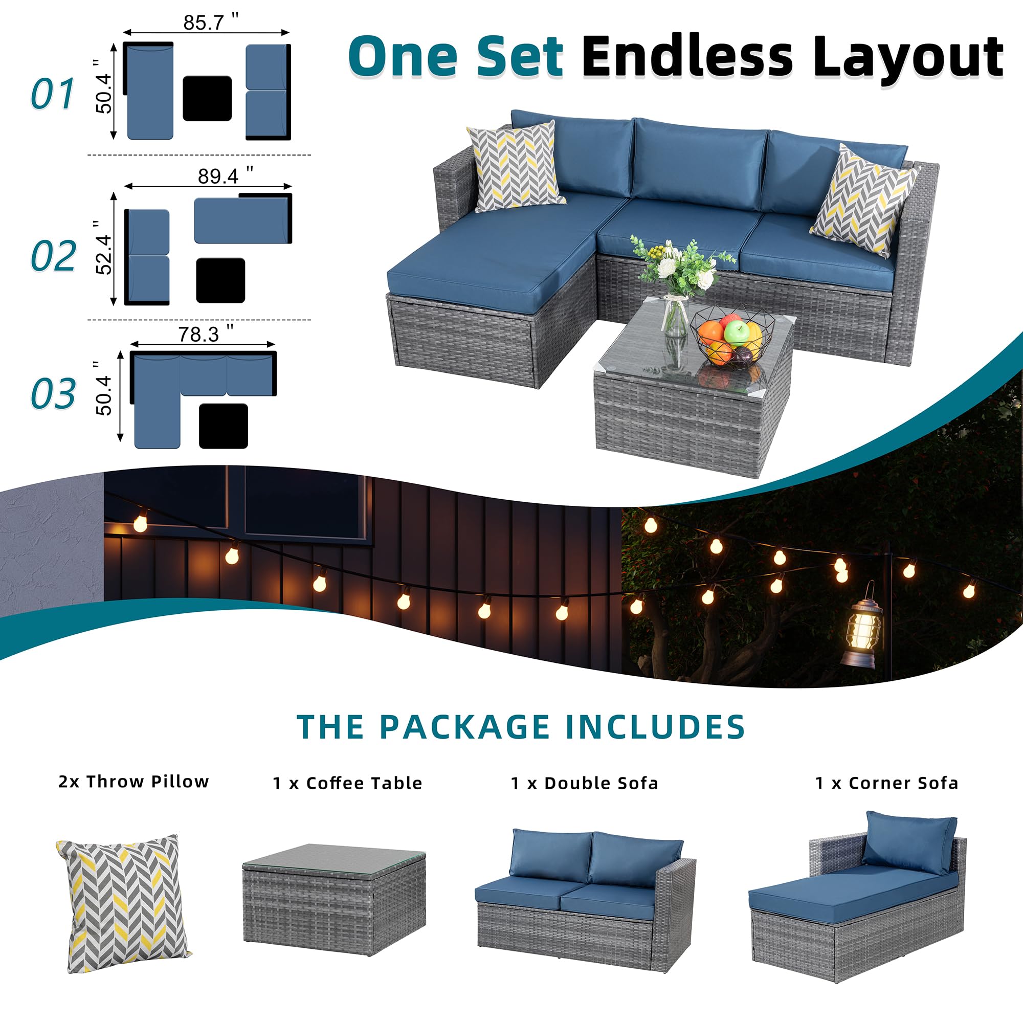 Premium 3-Piece Outdoor Patio Furniture Set with Detachable Cushions - All-Weather PE Rattan Sectional Sofa & Glass Coffee Table (Silver/Aegean Blue) - Perfect for Backyard, Garden, Poolside & Terrace Relaxation