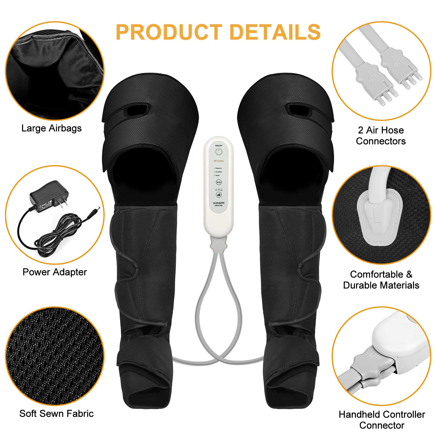 QUINEAR Electric Leg Compression Massager for Circulation, Pain Relief & Edema - Adjustable Velcro Leg & Foot Massager for Recovery, Relaxation & Improved Blood Flow - Perfect for Athletes, Office Workers & Post-Surgery Recovery