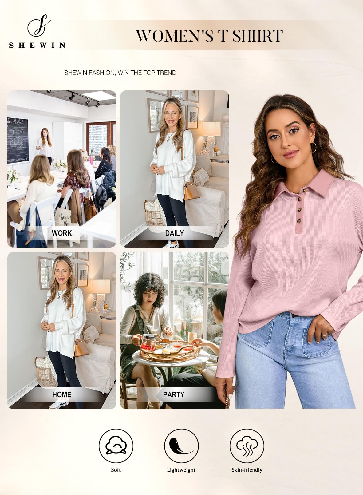 **SHEWIN Women's Casual Waffle Knit Polo Shirt - Long Sleeve V-Neck Collared Button-Up Tunic Top for Work, Office & Everyday Wear**