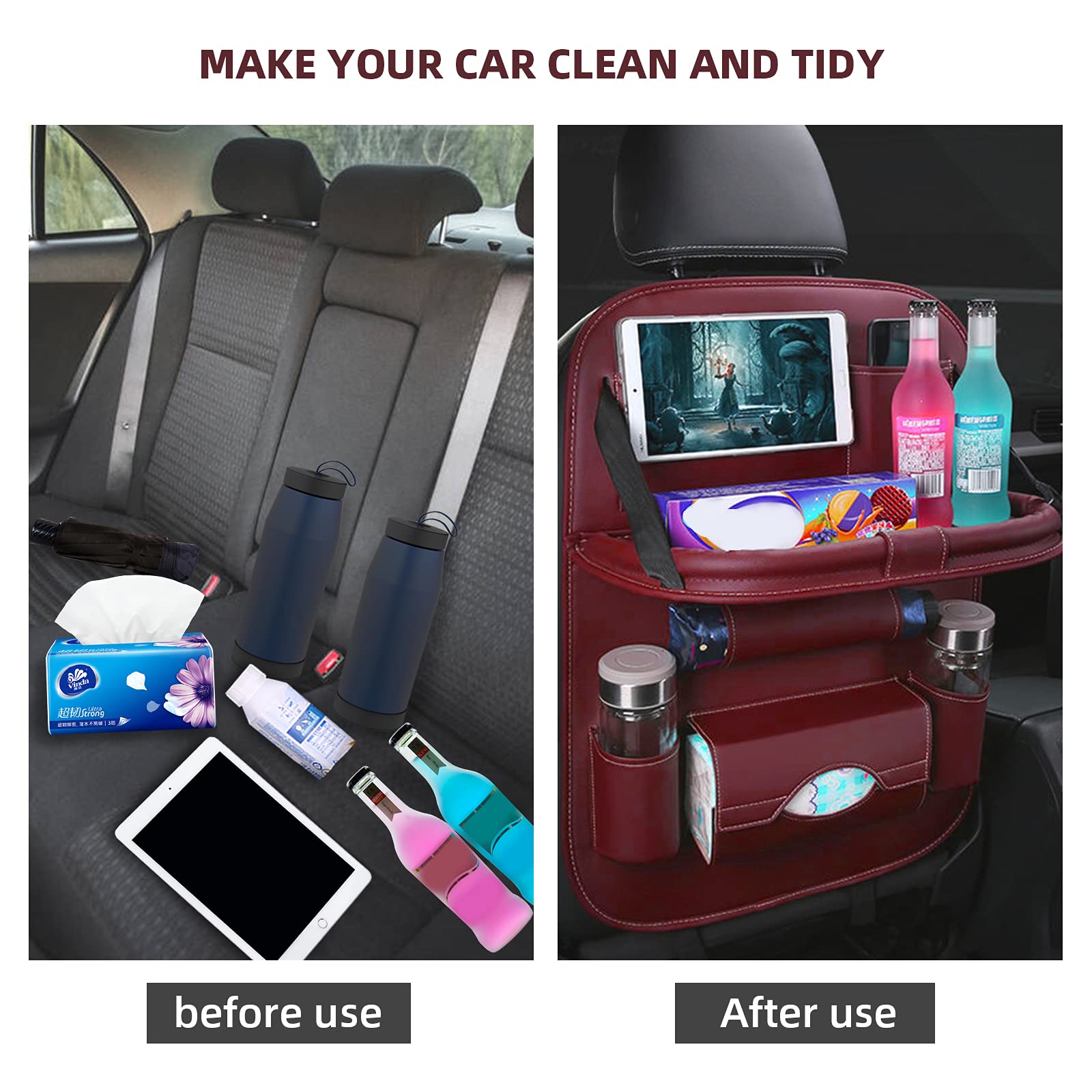 Upgraded Car Seat Back Protector & Kick Mats for Kids - Anti-Kick PU Leather Backseat Organizer with Storage Pockets & Tablet Holder - Wine Red - Perfect for Family Road Trips & Child Safety