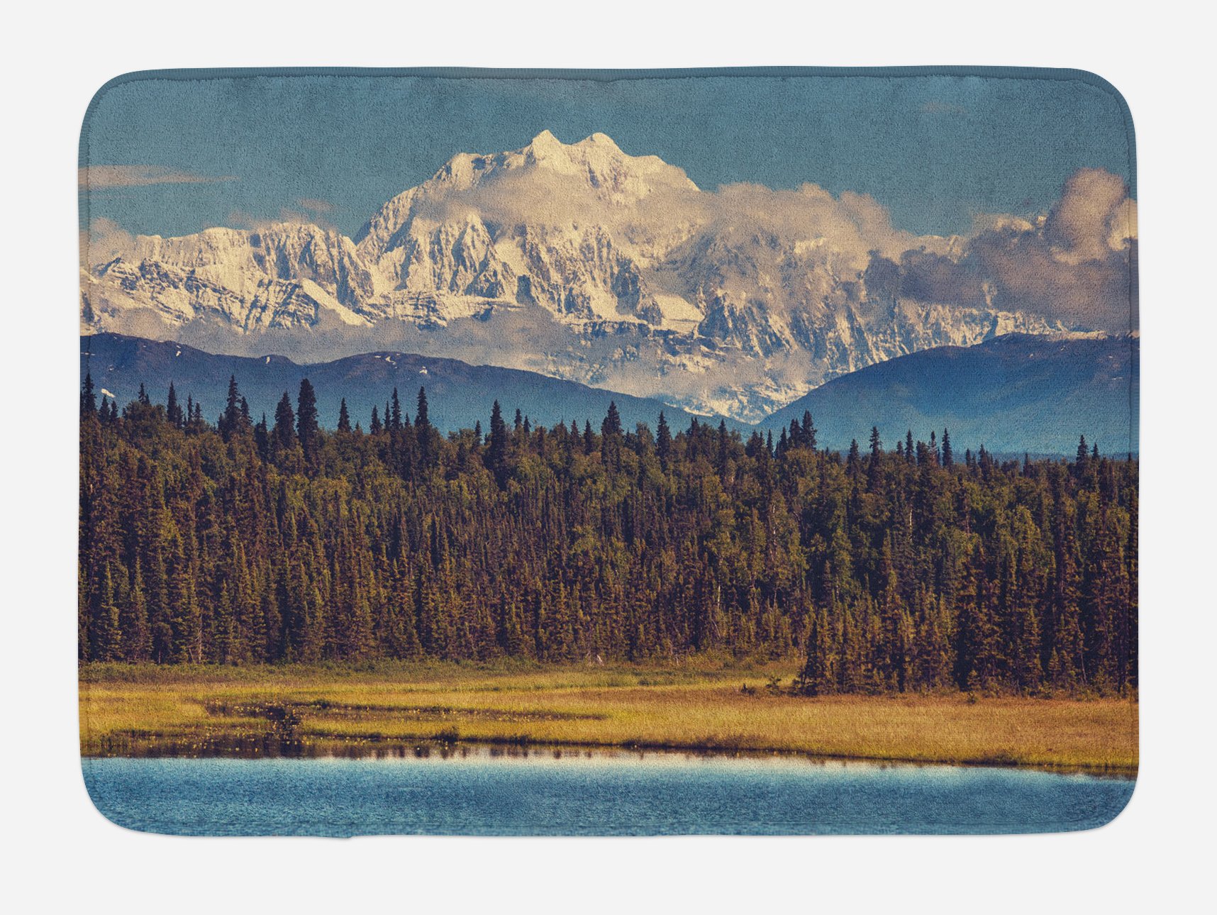 Ambesonne Alaska Bath Mat - Colorful Summer Season Design with Snow White Mountains, River & Fresh Forest - Non-Slip Plush Bathroom Rug 30