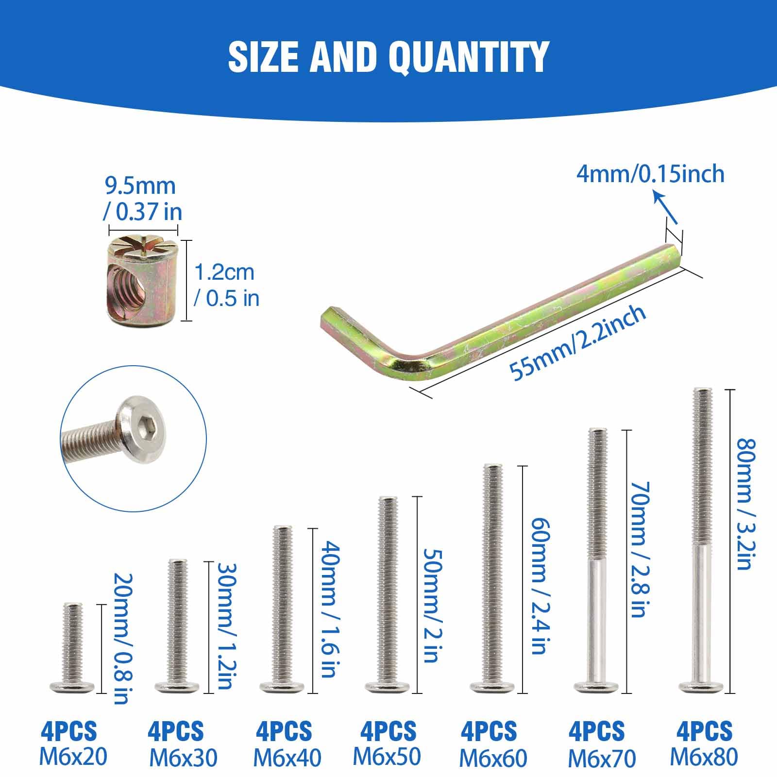 Hincell 28-Piece Baby Crib Screws Kit - M6 Hex Bolts & Nuts Set for Bed Frame Assembly & Repair