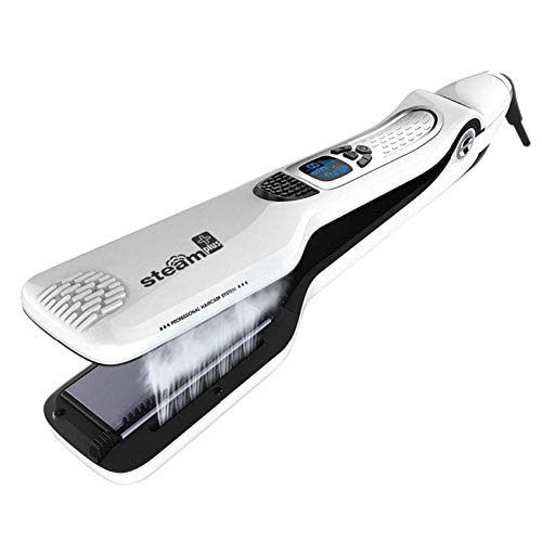 Professional Nano Titanium Ceramic Steam Hair Straightener Brush - Salon-Grade Flat Iron with Removable Comb & LCD Display for All Hair Types (White) - Perfect for Home Use, Travel, and Salon Styling