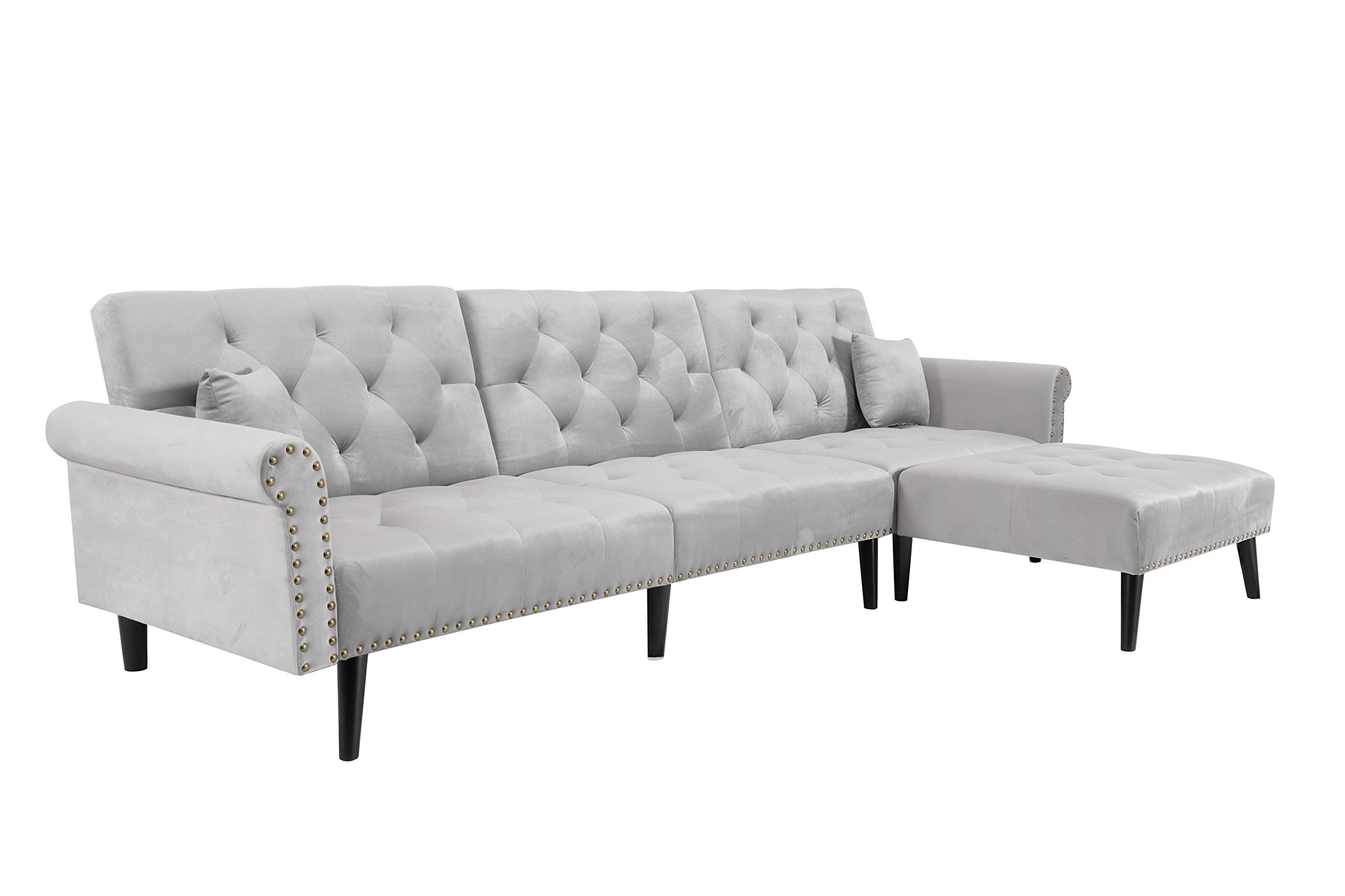 CIPACHO Velvet Convertible Sectional Sofa Bed Sleeper with 2 Pillows - Light Grey Modern Living Room Furniture for Small Spaces, Apartments & Guest Rooms