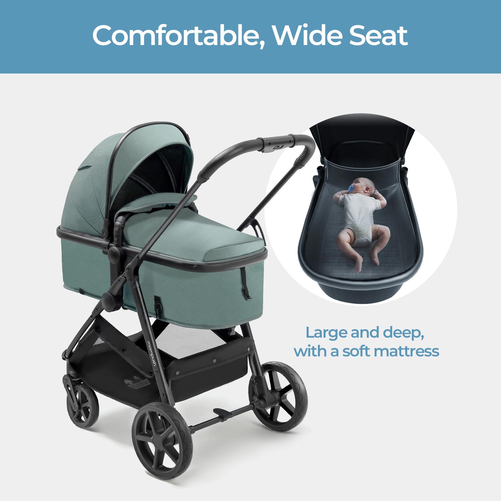Mompush Wiz 2-in-1 Convertible Baby Stroller with Bassinet & Reversible Seat - Foldable Infant Travel System with Large UPF 50+ Canopy | Perfect for Newborns, Toddlers & On-the-Go Parents (Ideal for Shopping, Travel & Daily Walks)