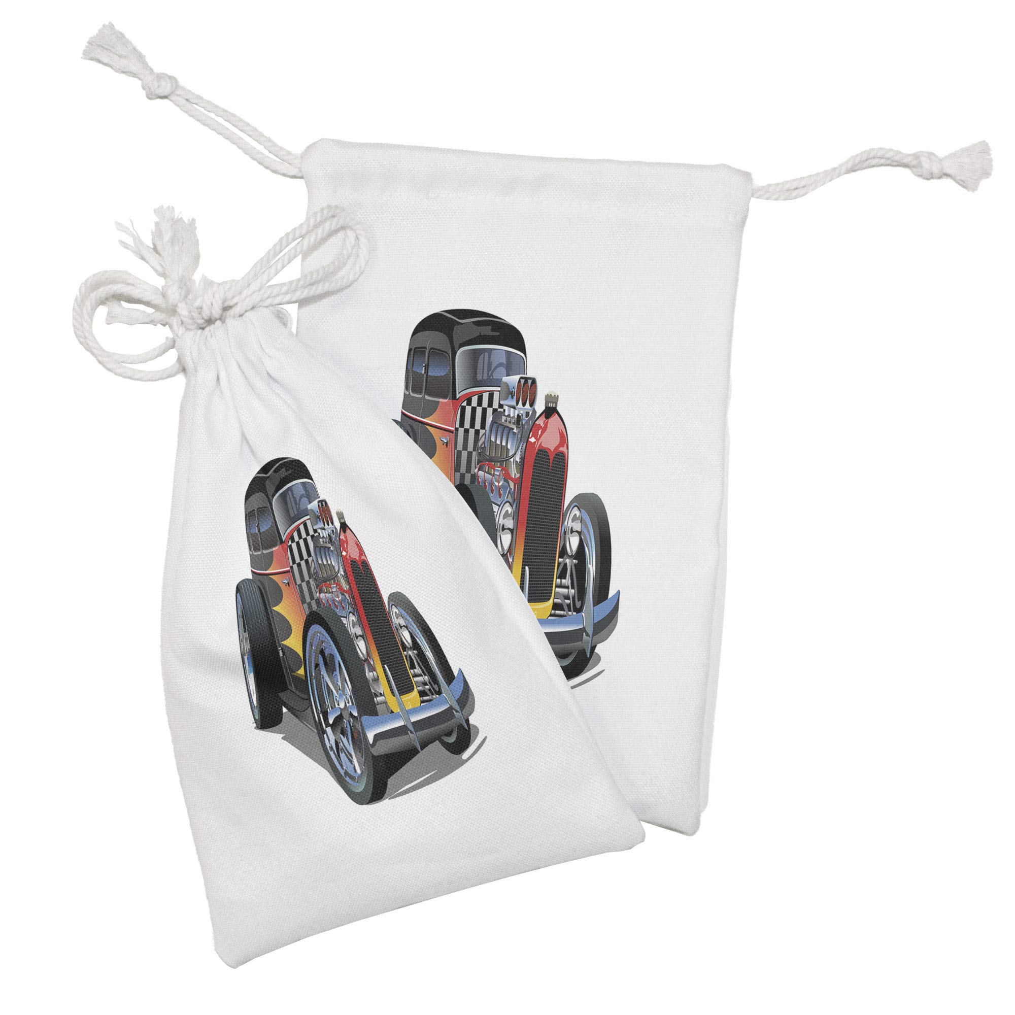 Ambesonne 2-Piece Retro Race Car Fabric Pouch Set - Small Drawstring Bags for Toiletries, Masks & Party Favors (9
