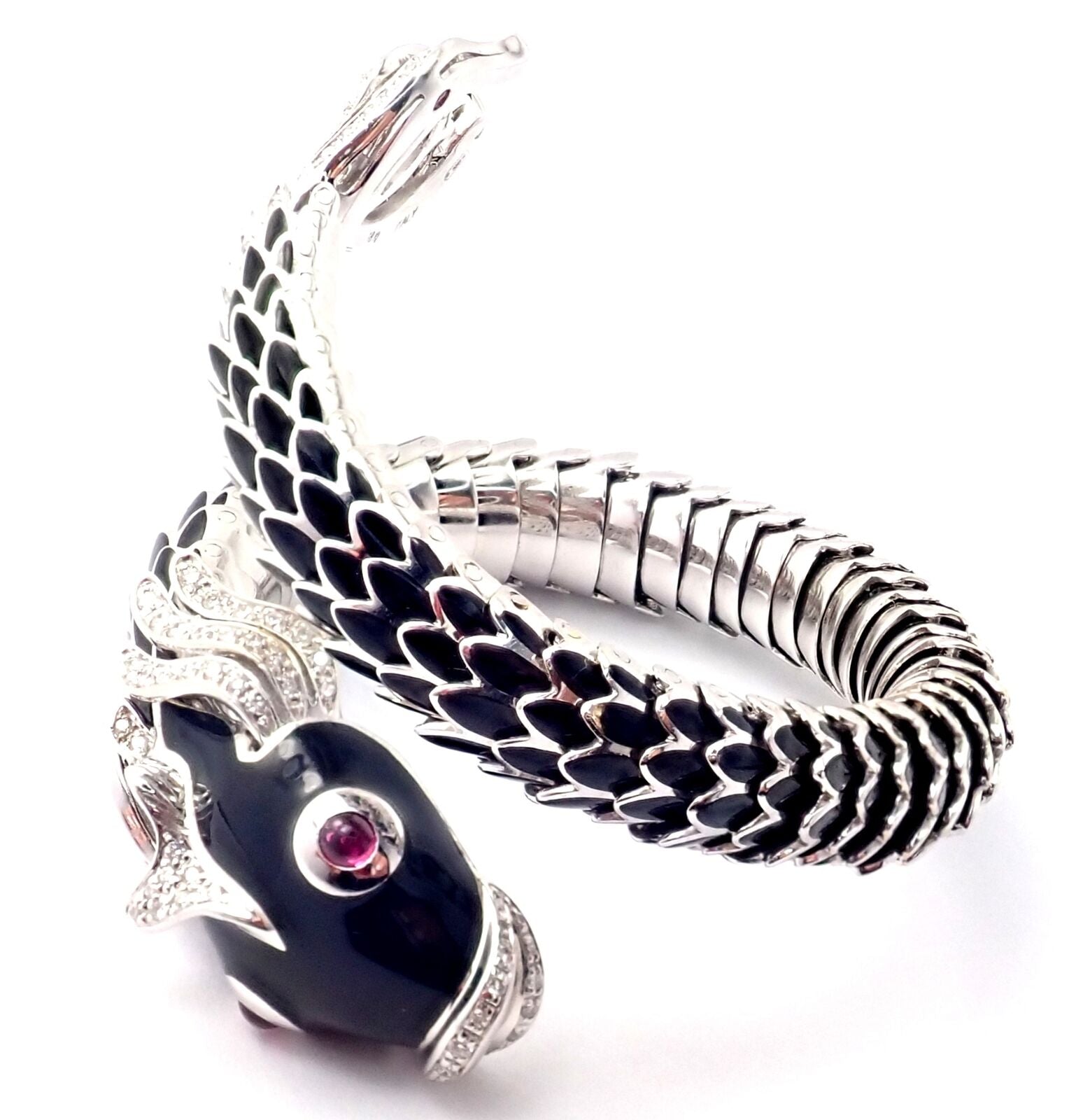Authentic Roberto Coin Nemo 18k White Gold Diamond & Ruby Enamel Cuff Bracelet | Luxury Jewelry for Women | Perfect for Weddings, Parties & Special Occasions