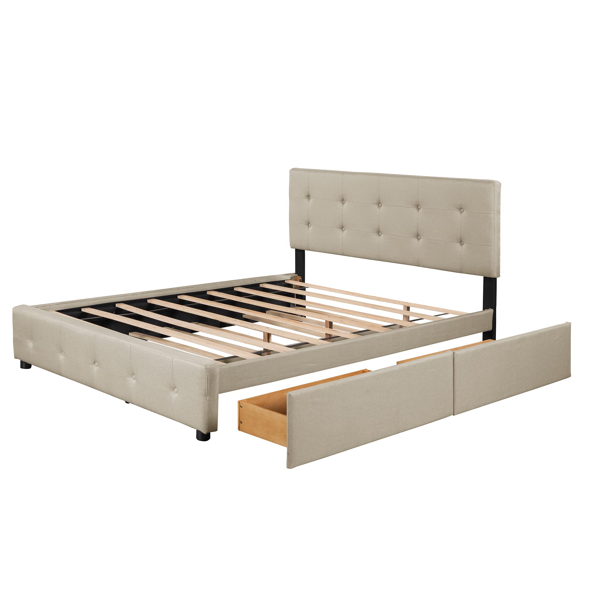 P PURLOVE Queen Size Upholstered Storage Platform Bed with Headboard - 2 Drawers & Twin XL Trundle, No Box Spring Needed, Dark Beige Bed Frame for Small Space & Guest Room Solutions