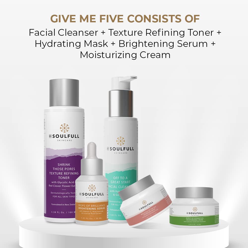 BE SOULFULL Complete 5-Step Skincare Set - Gentle Facial Cleanser, Hydrating Toner, Revitalizing Mask, Anti-Aging Serum & Nourishing Moisturizer | Daily Skincare Routine for Glowing Skin at Home