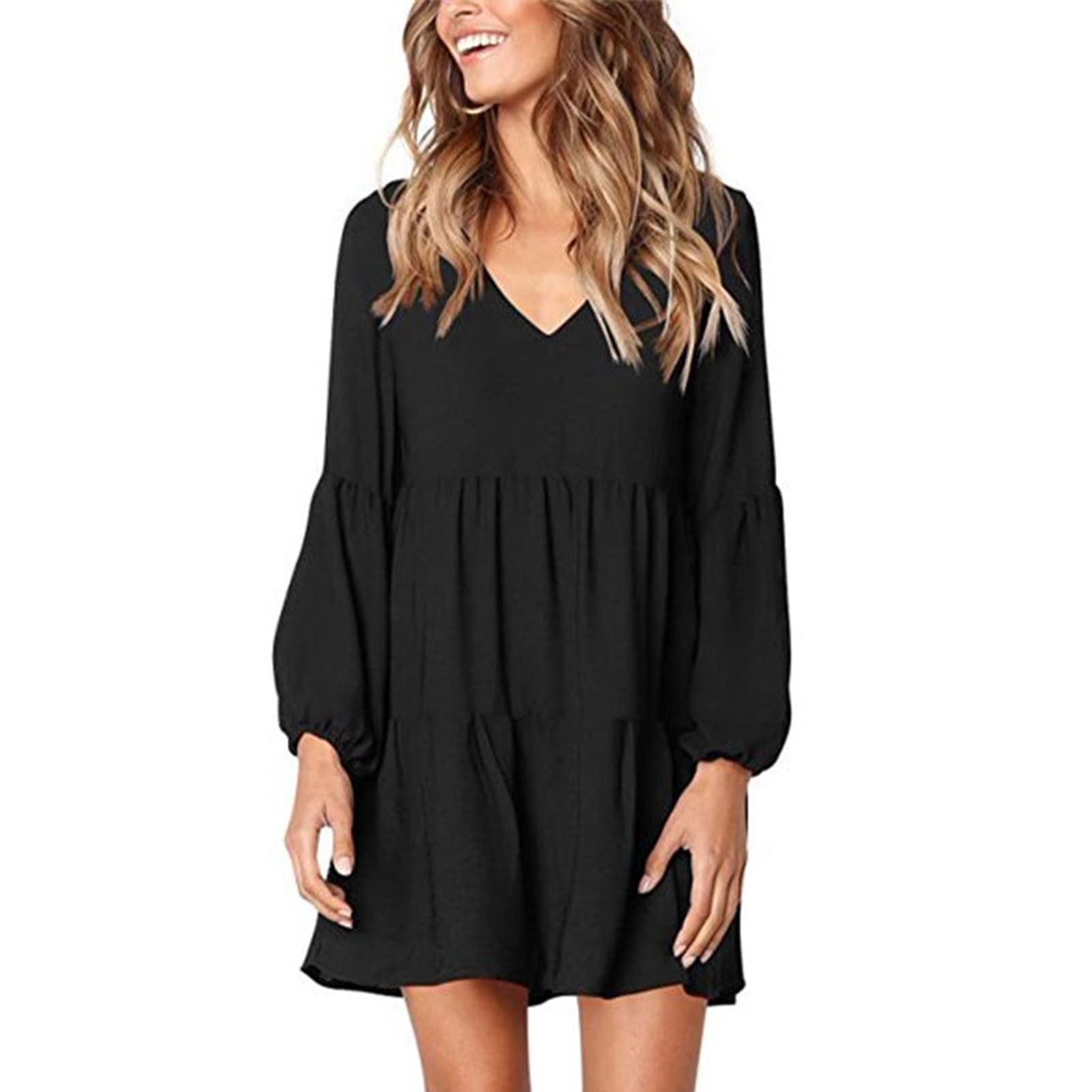 **Estink Women's Long Sleeve V-Neck Mini Dress - Flowy Casual Loose Fit Short Dress (Large, Black) - Perfect for Parties, Dates & Everyday Wear**