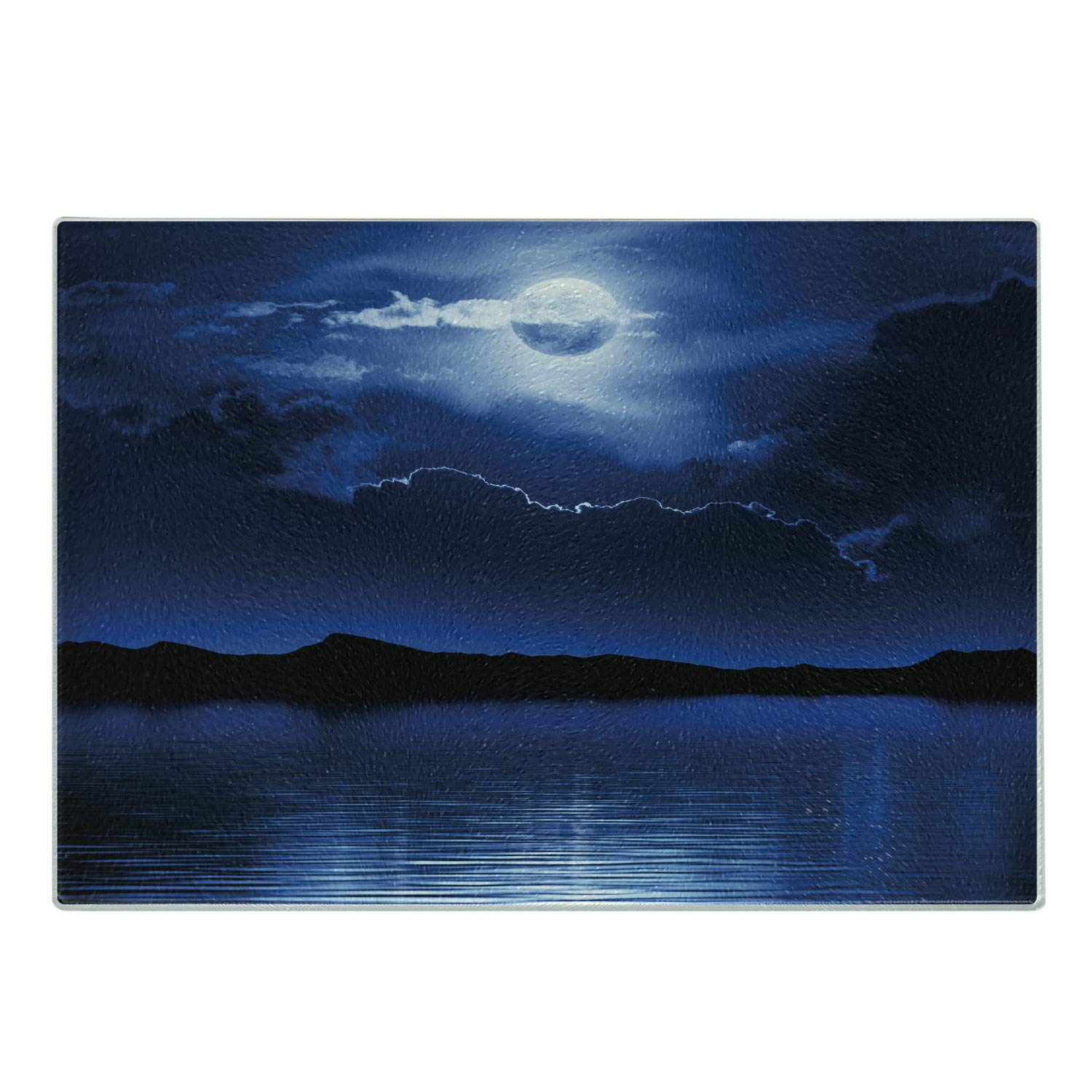 Ambesonne Tempered Glass Cutting Board - Fantasy Moon & Clouds Seascape Design - Navy Blue, White, Black - Small Decorative Serving Board for Cheese, Charcuterie & Appetizers - Perfect for Kitchen, Dining & Party Use
