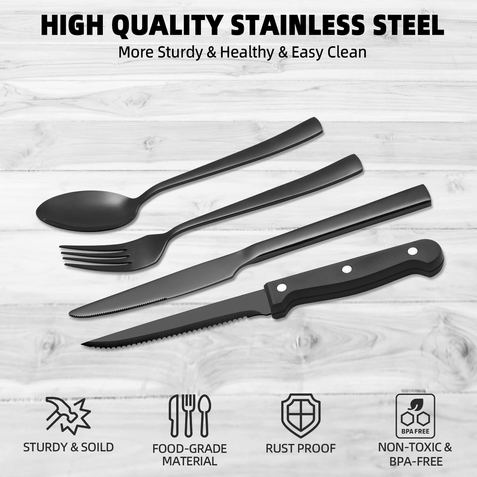 24-Piece Black Silverware Set for 4 with Steak Knives - Premium Stainless Steel Flatware Set for Dining - Elegant Black Cutlery Set for Home & Kitchen - Perfect for Dinner Parties, Restaurants & Daily Use - Hand Wash Recommended