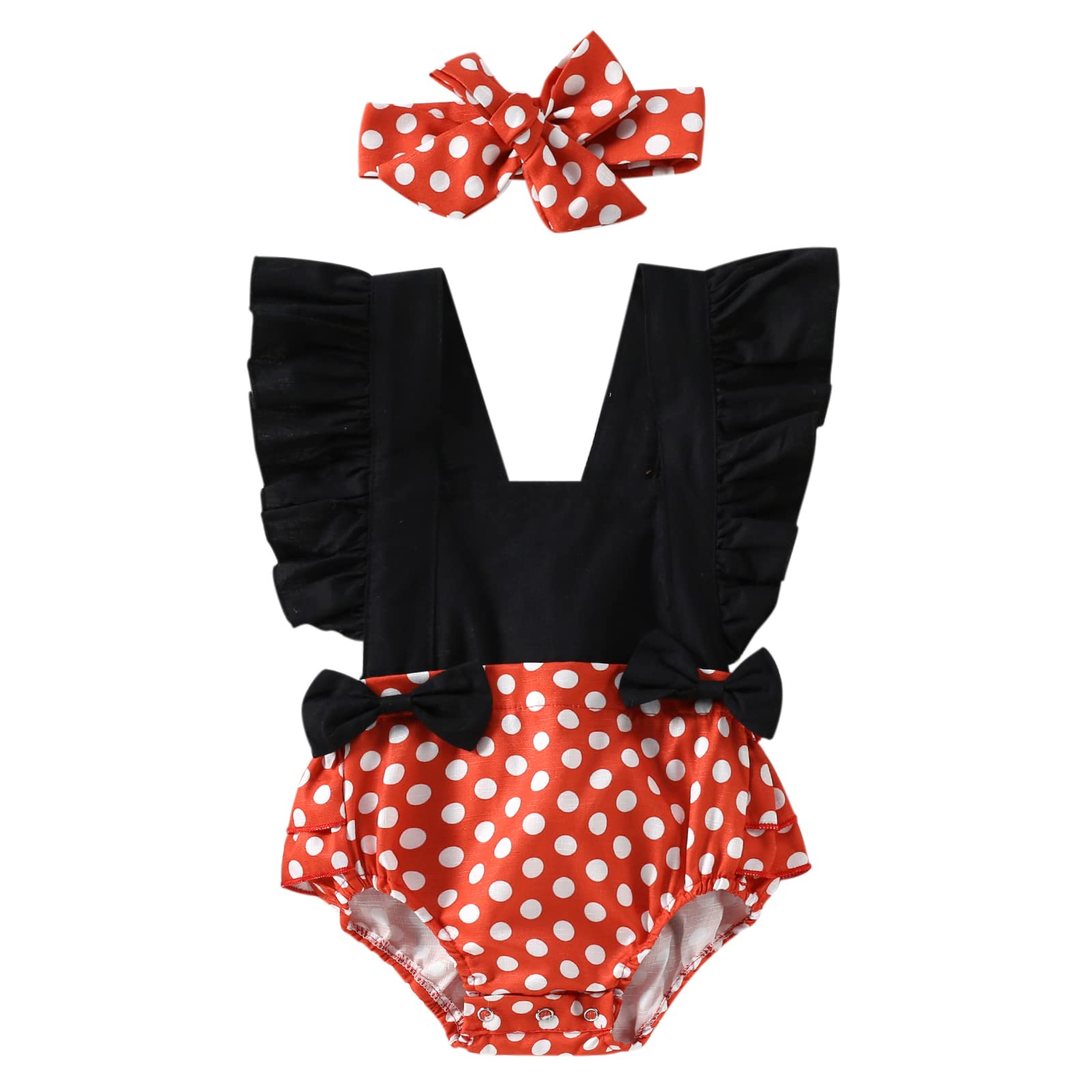 Newborn Baby Girls Romper - Color Contrast Dot Patchwork Ruffle Bowknot Bodysuit with Headband Set | Cute Outfit for Photos, Parties & Everyday Wear