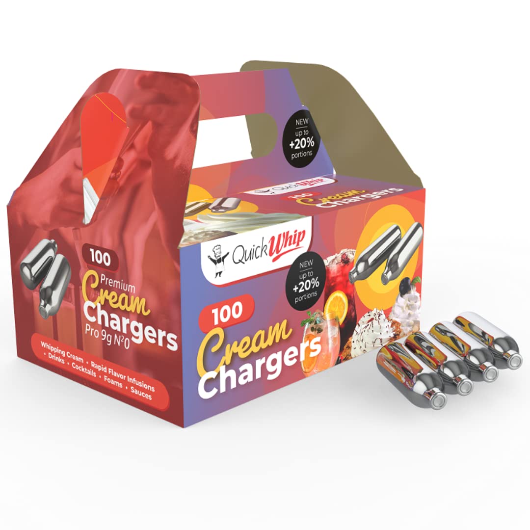 QuickWhip Pro 100 Whipped Cream Chargers (600 Cartridges - 6 Boxes of 100) - 9g Food Grade N2O for Professional & Home Use - Compatible with Standard Cream Dispensers - Perfect for Desserts, Coffee Toppings & Cocktail Garnishes