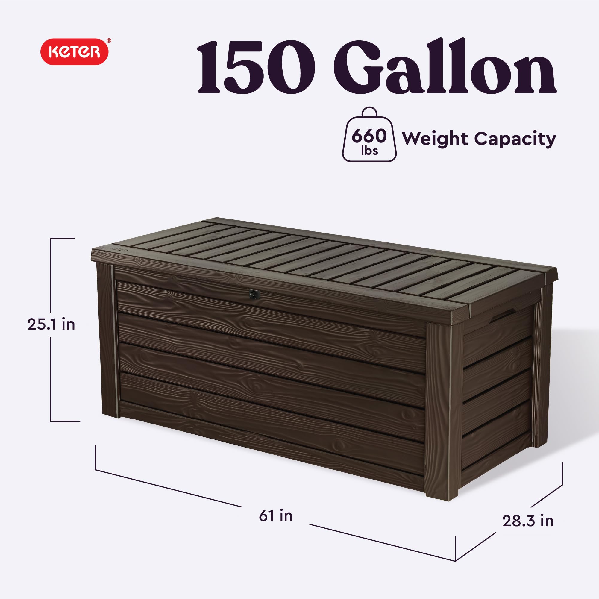 Keter 150 Gallon Outdoor Storage Deck Box with Seat - Wood Grain Brown Resin Patio Bin - Perfect for Backyard, Garden & Poolside Storage
