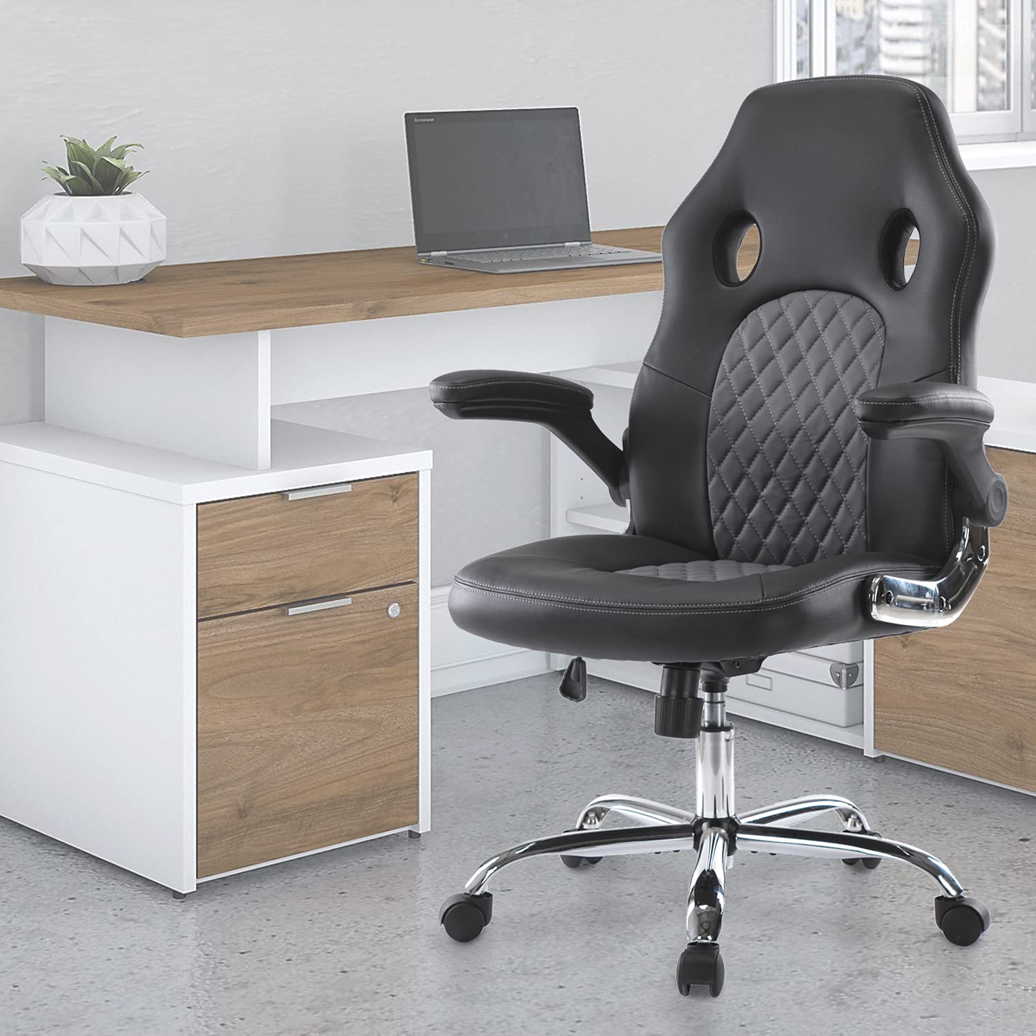 Ergonomic Office Gaming Chair - High Back PU Leather Swivel Computer Chair with Flip-Up Armrests for Home & Office Use - Comfortable Desk Chair for Work, Gaming & Long Hours (Grey)