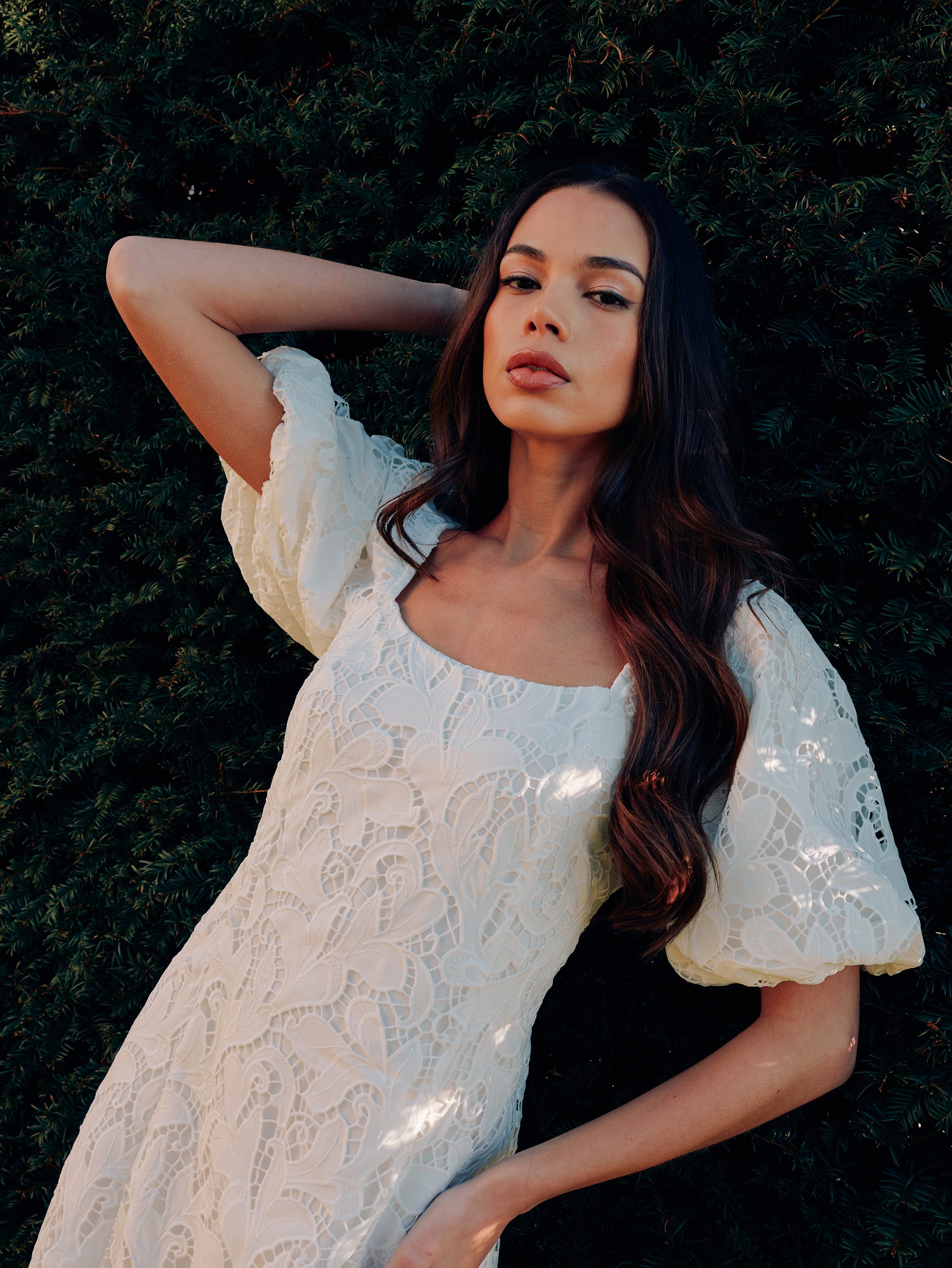 Elegant Ivory Lace Puff Sleeve Square Neck Dress for Women - Perfect for Weddings, Parties & Special Occasions