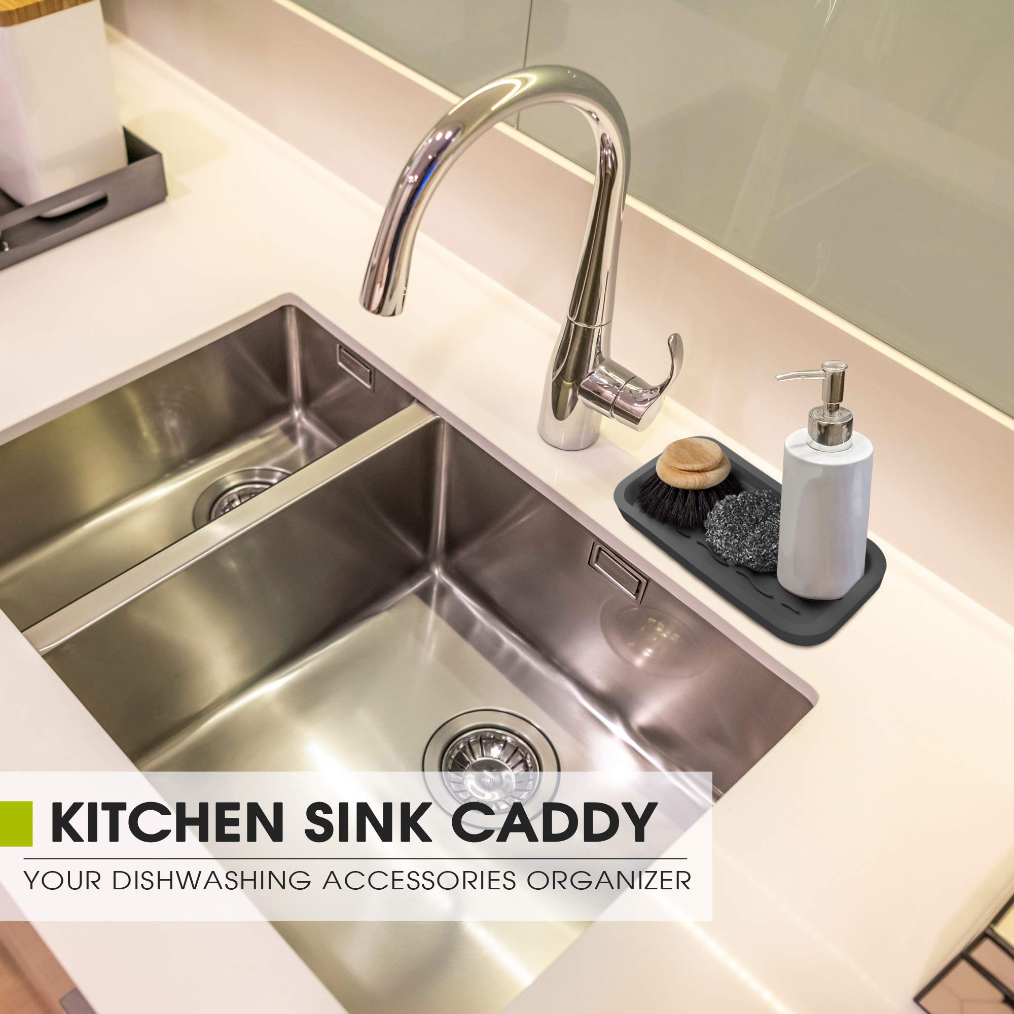 Premium Silicone Sponge Holder & Soap Dispenser Organizer - Non-Slip Kitchen Sink Tray for Sponges, Scrubbers & Cleaning Tools - Durable Sink Caddy with Drainage Holes - Perfect for Kitchen, Bathroom & RV Use