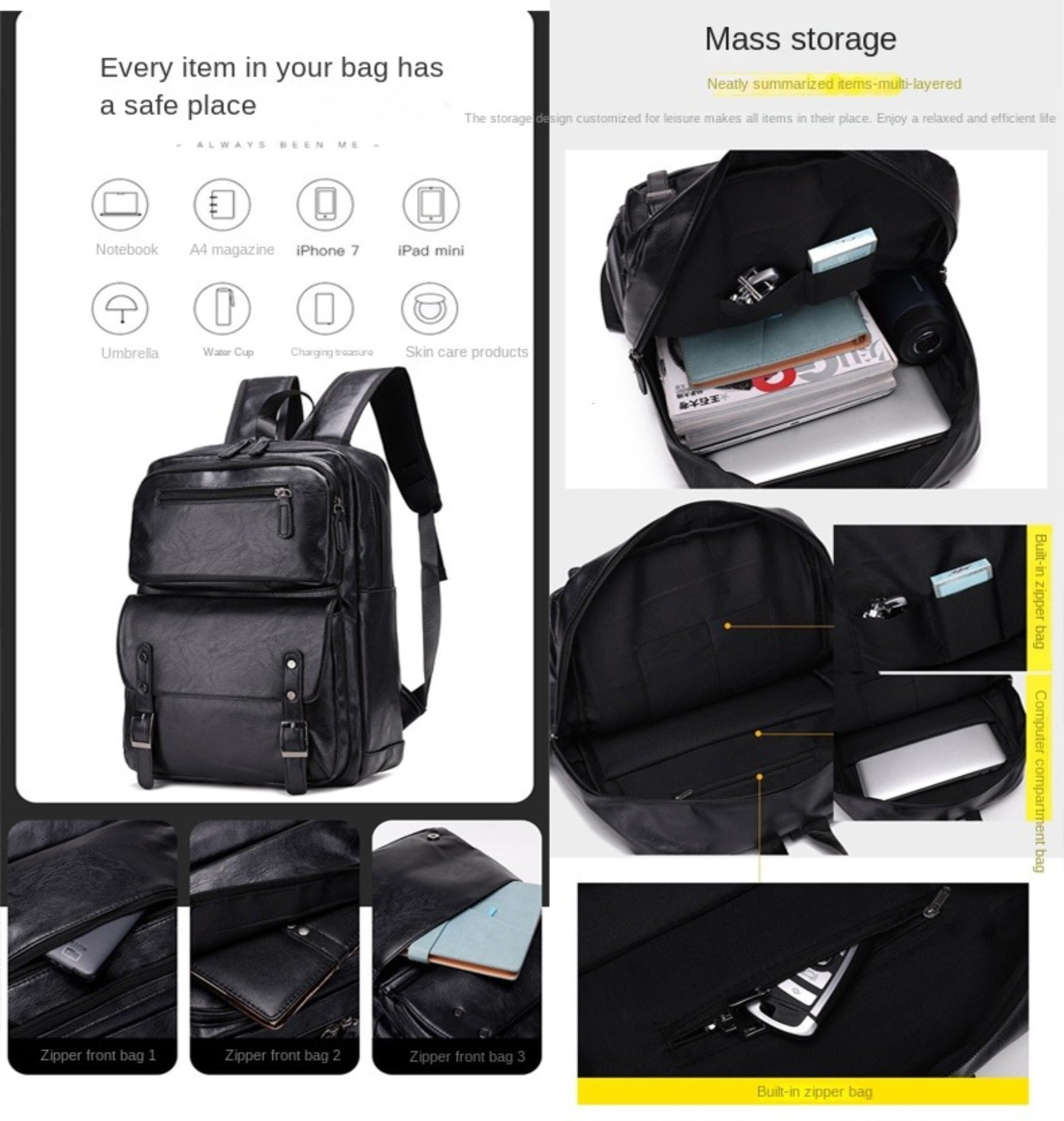Premium ROSTNK Leather Backpack for Men & Women - 17 Inch Laptop Backpack with Large Capacity - Waterproof Business Travel Backpack for Work, College, Commuting & Outdoor Adventures (Black)